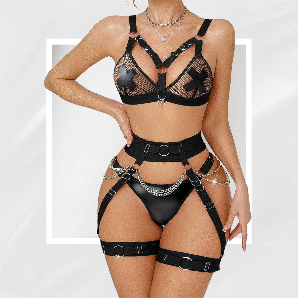 NightRegalia 3-Piece SM Play Chain Harness Lingerie Set