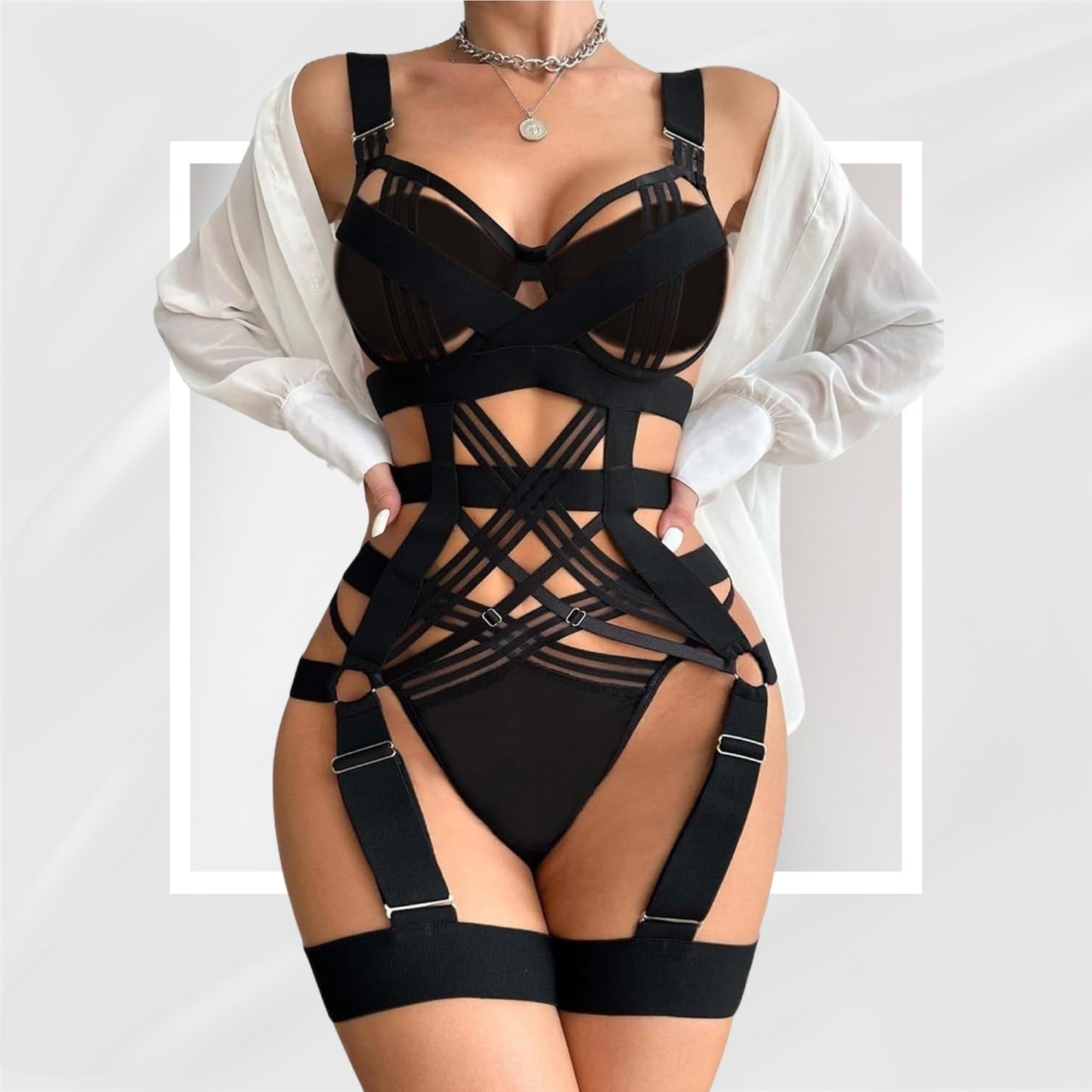 NightSiren Sexy 5-in-1 Strappy Garter Bodysuit Set