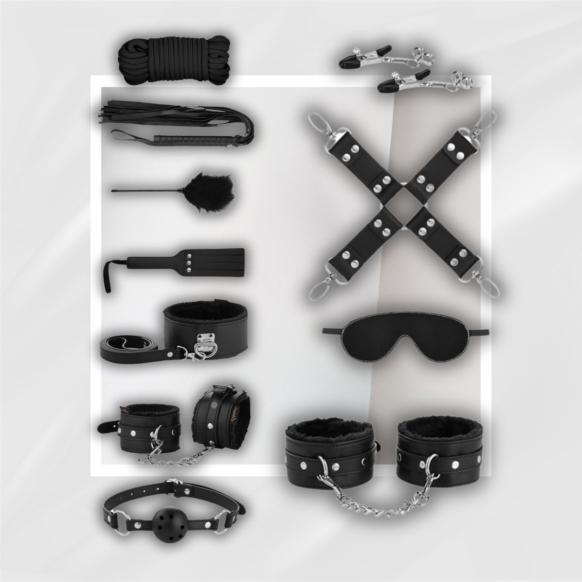 FirstDescent 11-Piece Beginner BDSM Kit with Cuffs, Collar and Paddle