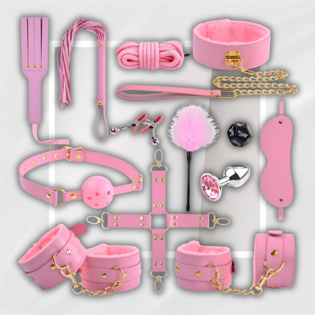 RoseNoir 13-Piece Pink BDSM Kit with Cuffs, Collar and Paddle