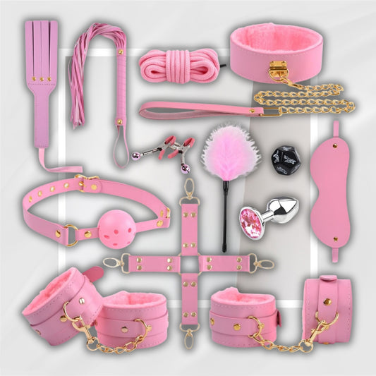 RoseNoir 13-Piece Pink BDSM Kit with Cuffs, Collar and Paddle
