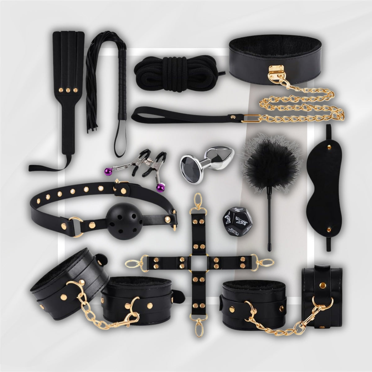 BlackTide 13-Piece BDSM Bondage Kit with Cuffs, Collar and Paddle