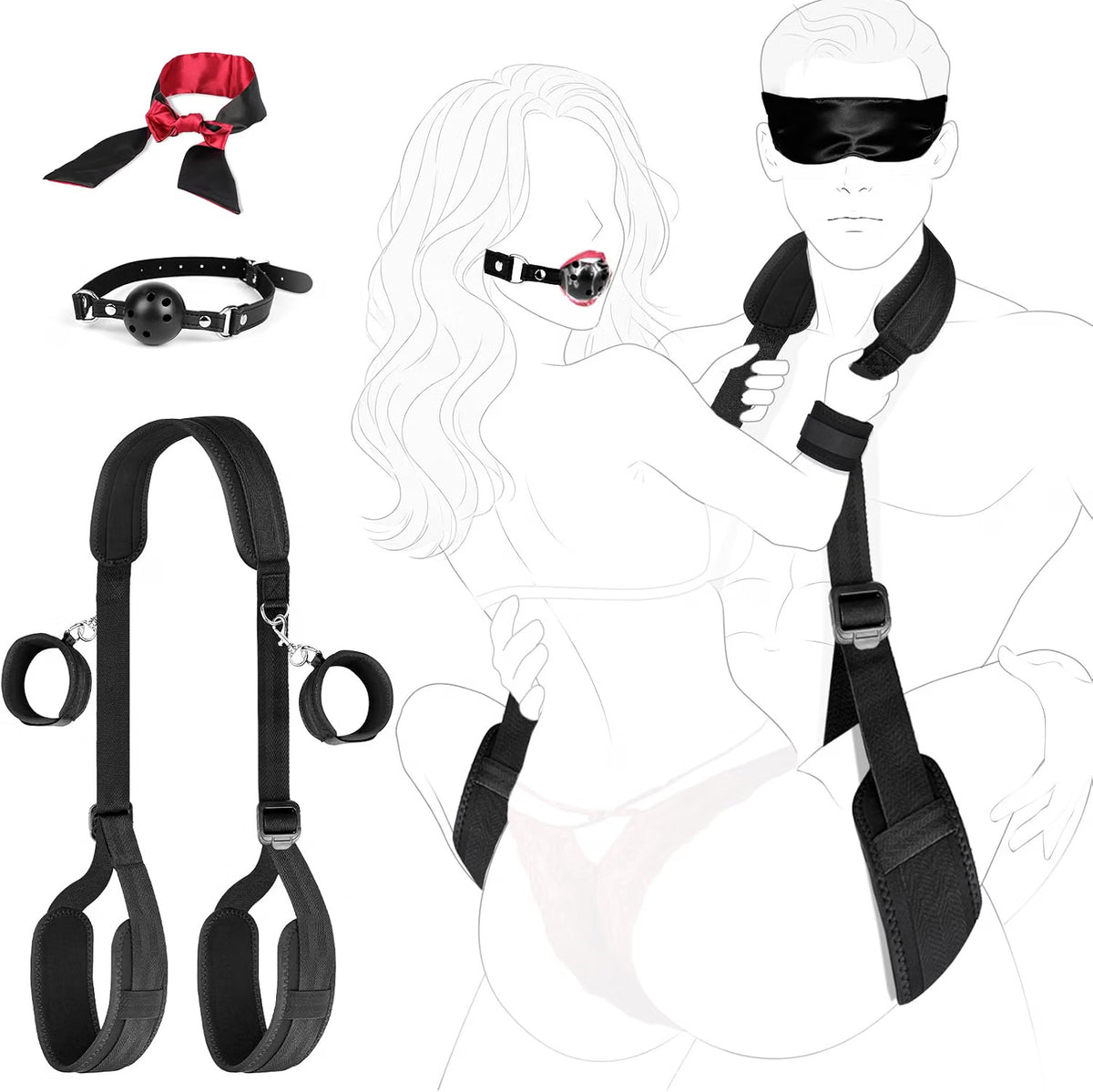 DarkSubmission Neck to Thigh Bondage Sling with Ball Gag and Blindfold