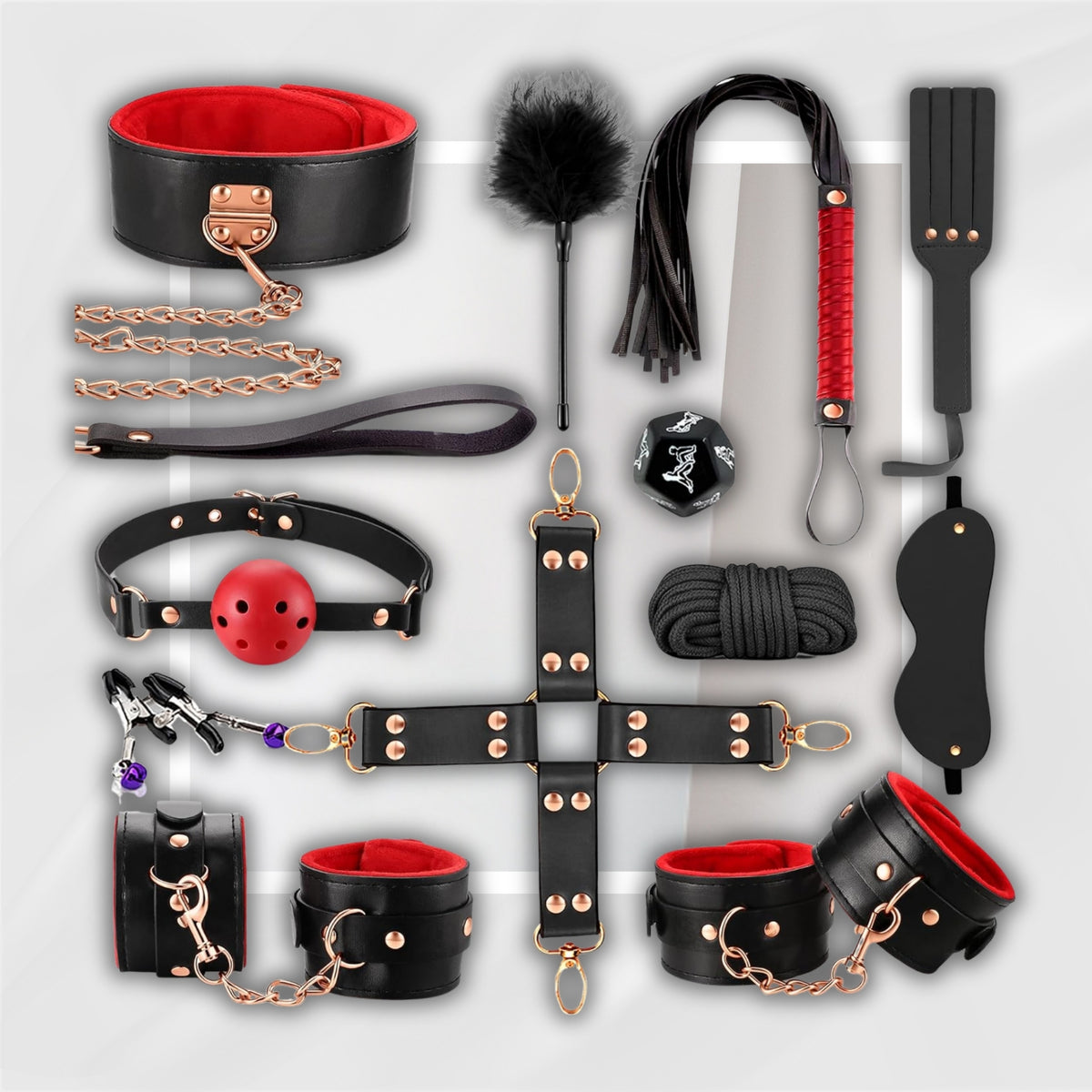 CrimsonRite 12-Piece BDSM Kit with Cuffs, Collar, Gag and Paddle