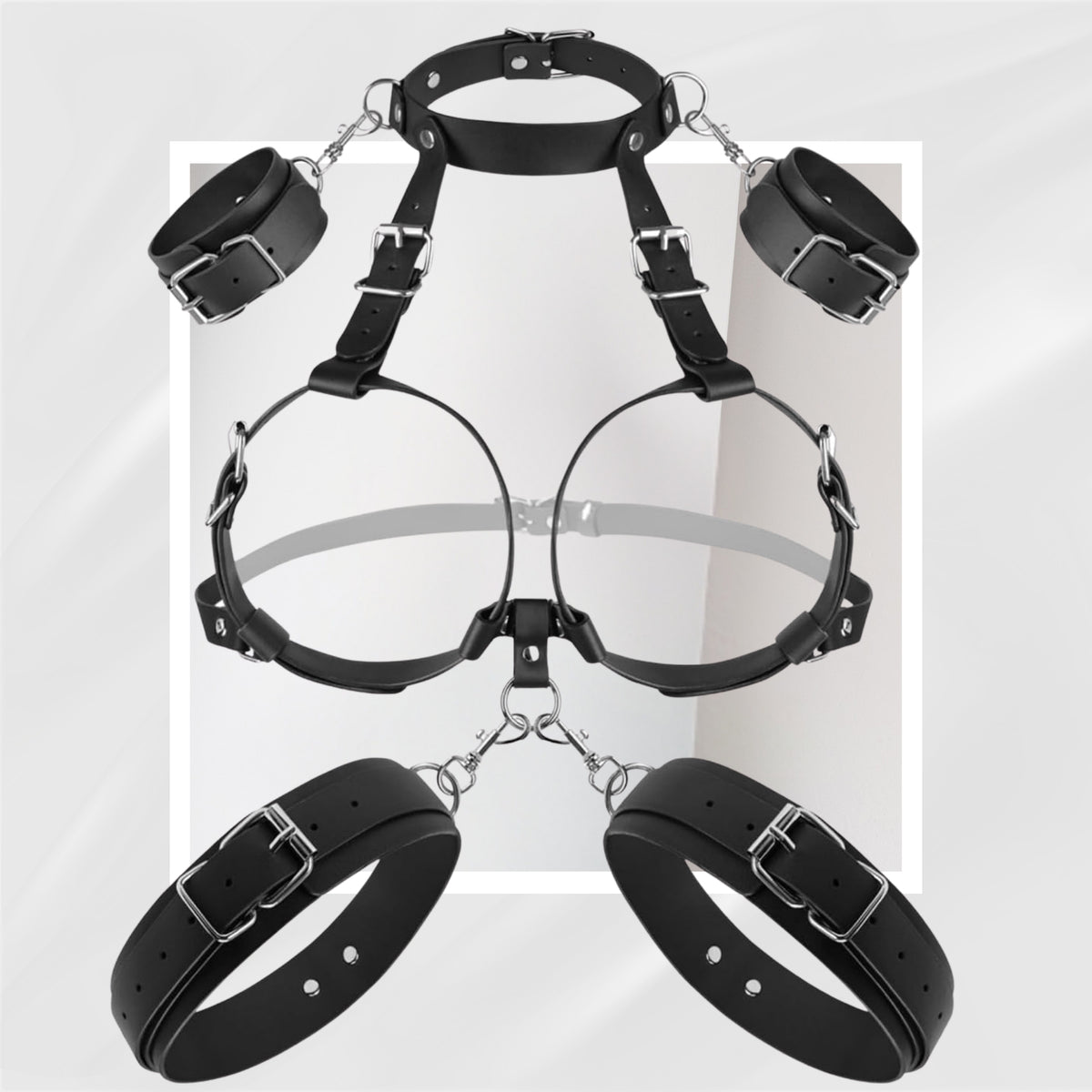 DarkCorset Adjustable BDSM Chest Harness with Wrist and Thigh Cuffs