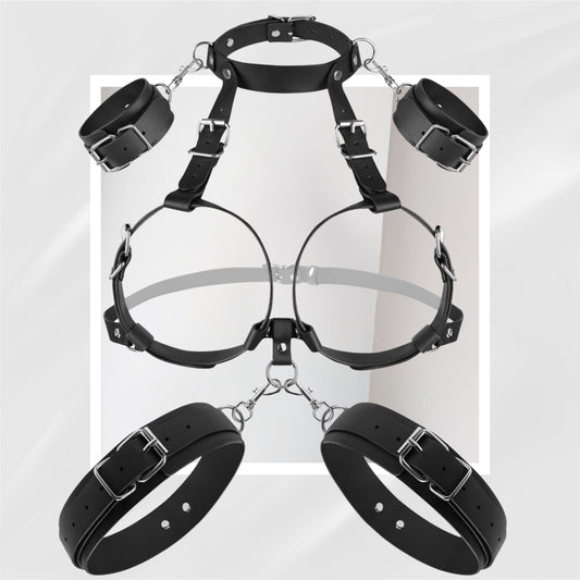 DarkCorset Adjustable BDSM Chest Harness with Wrist and Thigh Cuffs