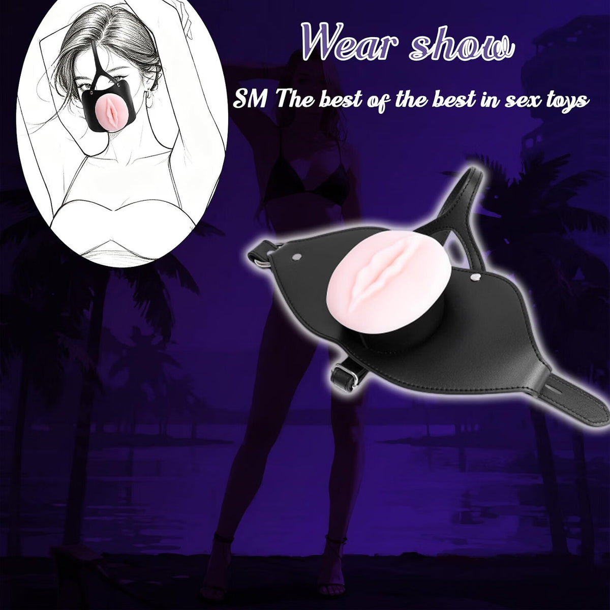 DarkDevotion Head-Mounted Mouth Gag with 3D Textured Insertable Vagina Sleeve