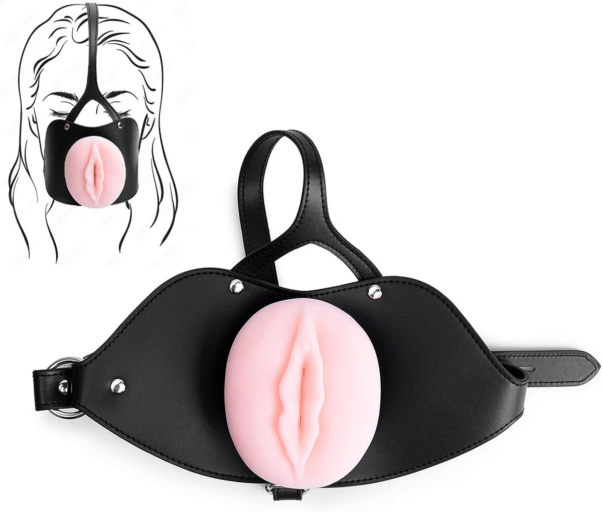 DarkDevotion Head-Mounted Mouth Gag with 3D Textured Insertable Vagina Sleeve