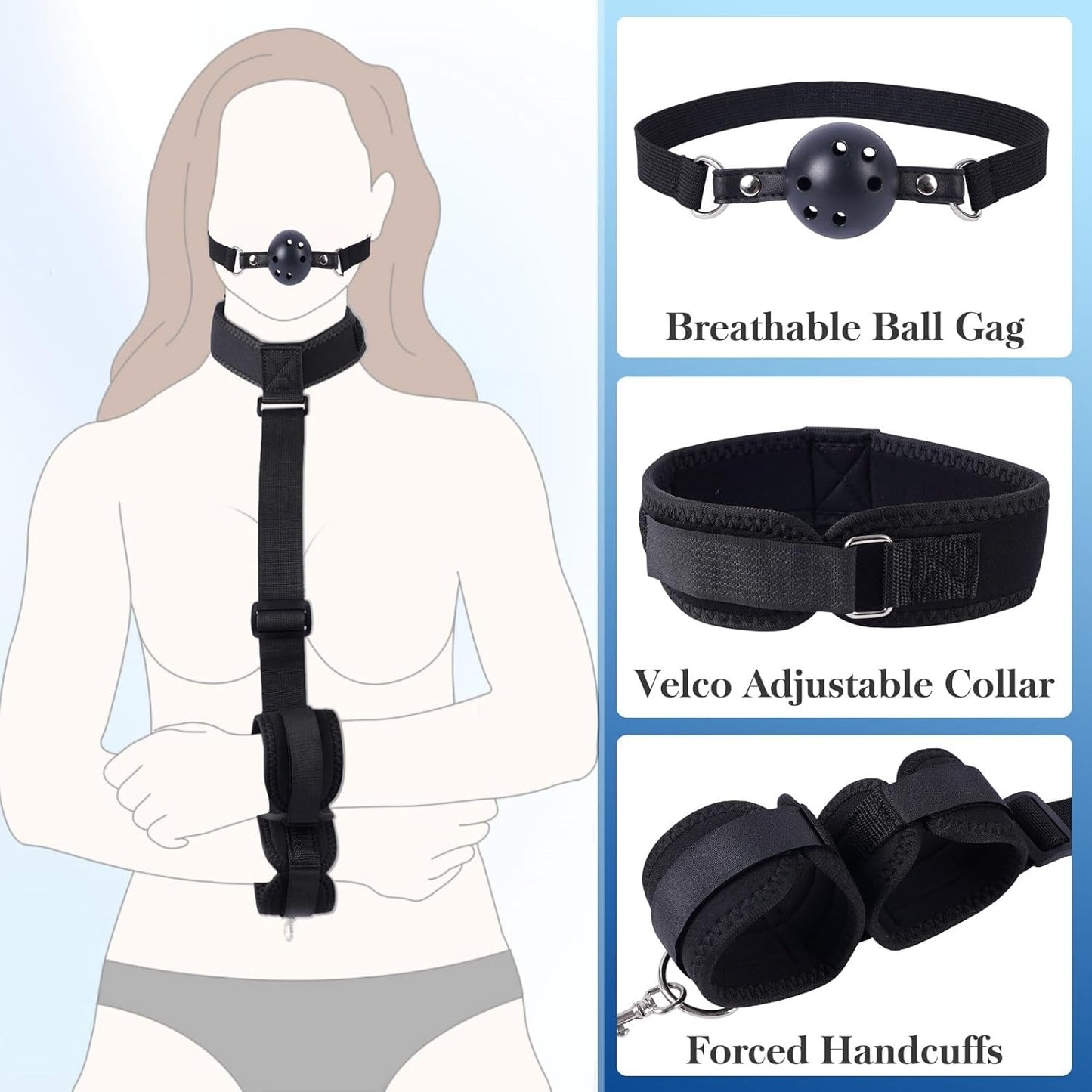 BDSM Bondage Neck to Wrist Restraints Kit with Ball Gag, Couples Sex Toys Adjustable Collar Back Sex Handcuffs Wrist Cuffs, Bed SM Games Bondage Gear Accessories for Couples, Roleplay & Bedroom Fun