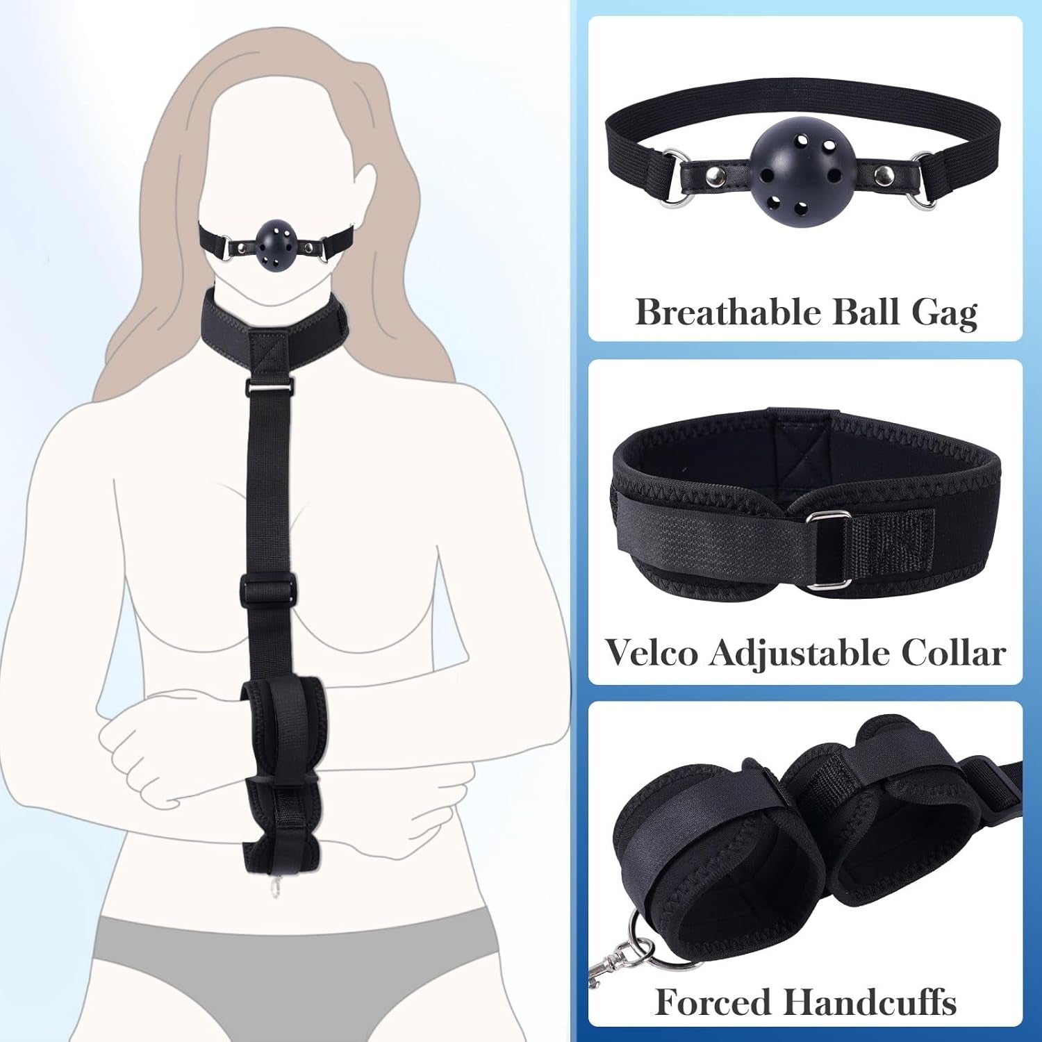 BDSM Bondage Neck to Wrist Restraints Kit with Ball Gag, Couples Sex Toys Adjustable Collar Back Sex Handcuffs Wrist Cuffs, Bed SM Games Bondage Gear Accessories for Couples, Roleplay & Bedroom Fun
