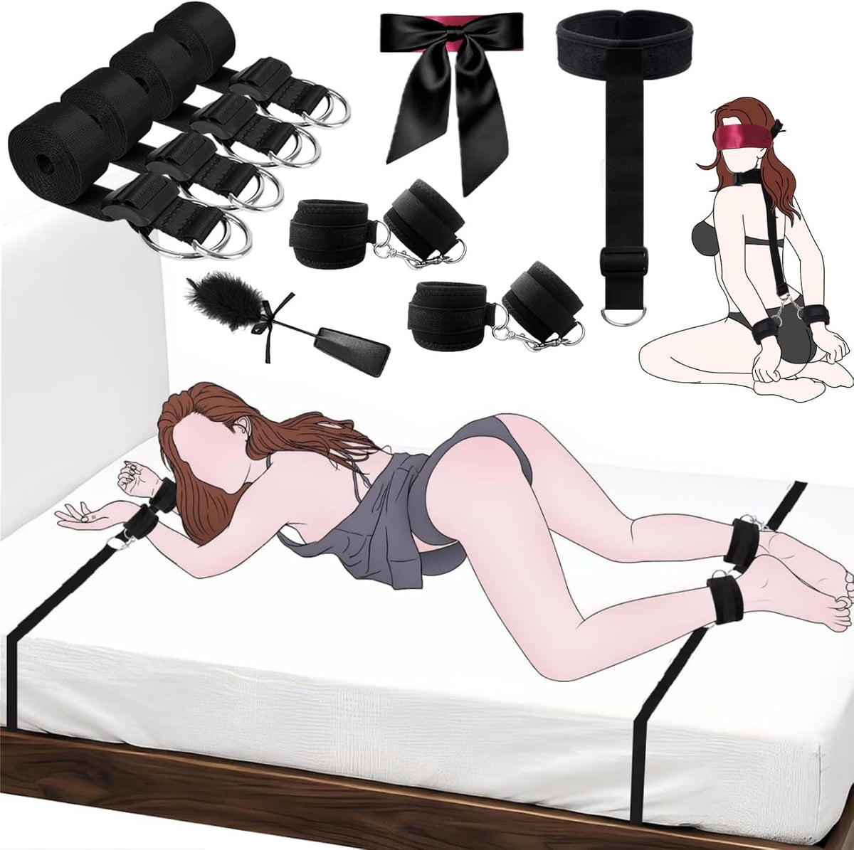 FourCorners Under-Mattress Bed Restraint Kit with Cuffs and Blindfold