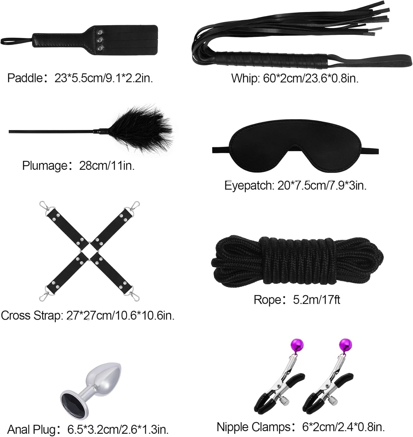 12 PCS Sex Bondage BDSM Restraints Kits Fetish Handcuffs Ankle Cuff Collar Blindfold Whip Rope Nipple Clamps Paddle Anal Toys Ball Gag Adult Games Foreplay Sexy Toys for Couples (Black)