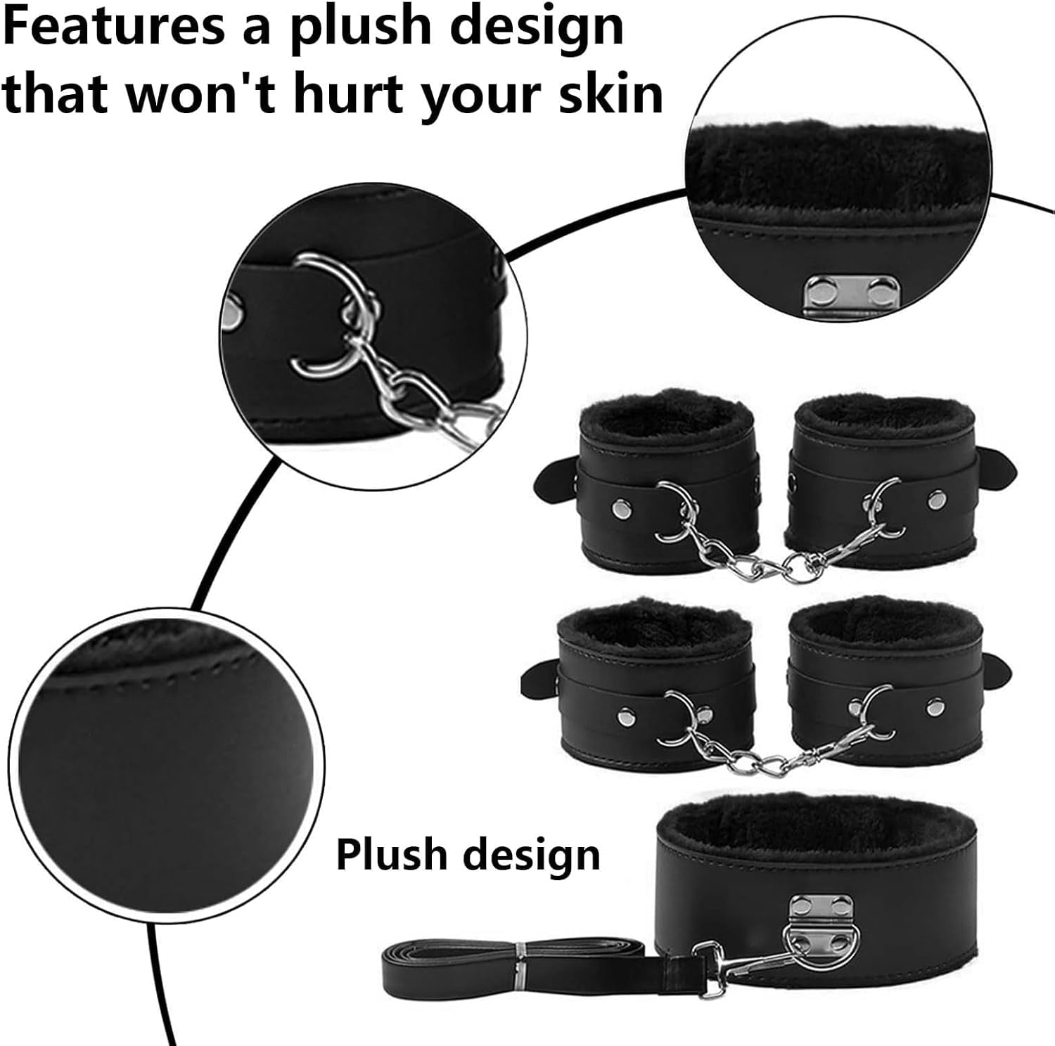 7-Pcs BDSM Kit for Beginners, Black Bondage Set for Couples with Adjustable Wrist & Ankle Cuffs, Collar, Blindfold, Ball Gag, Flogger & Ropes, Complete Adult Toy