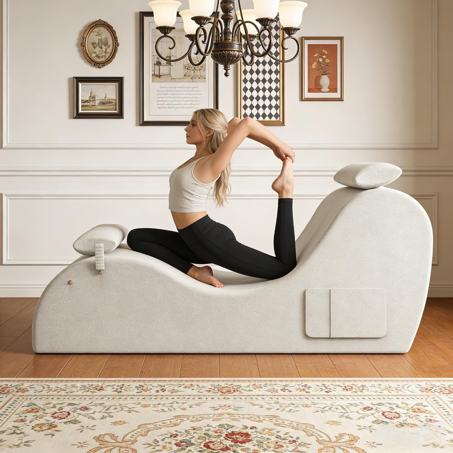 Chaise Lounge Chair for Yoga, Chaise Lounge with Headrest, Foot Pad, Washable Cover, Side Pockets, Non-Slip Bottom, Chair for Relaxation Stretching (Beige)