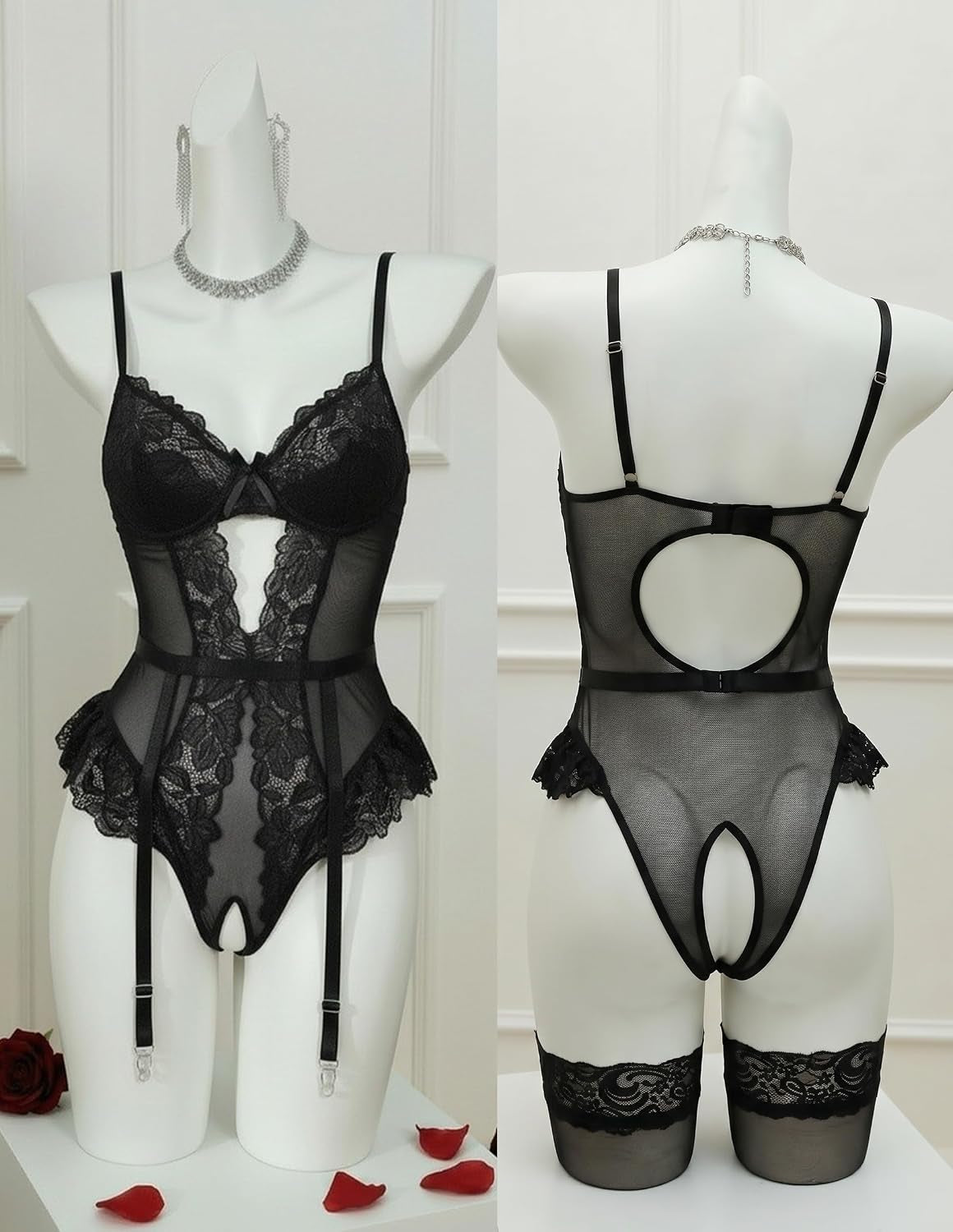 MidnightLace Sheer Lace Open-Crotch Teddy with Garter Belt