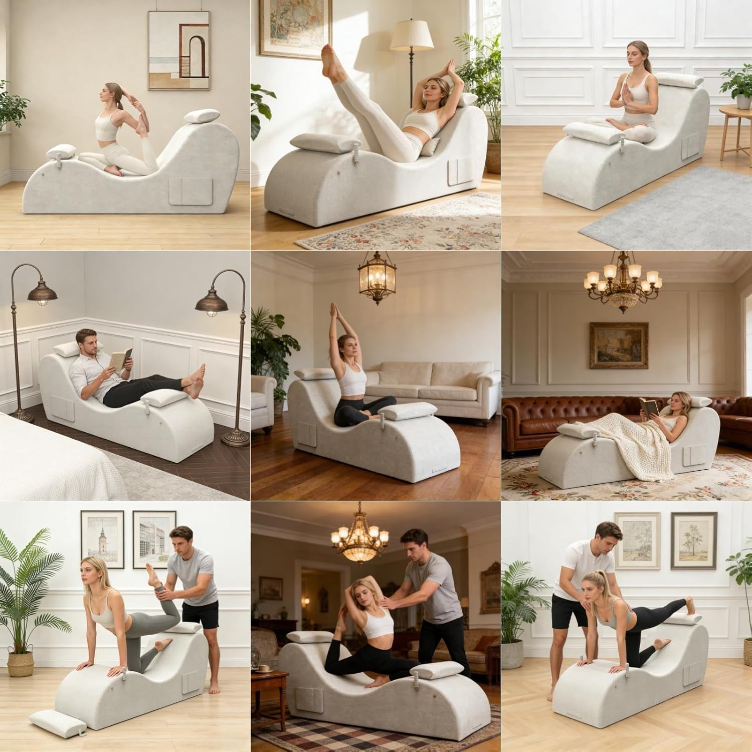 Chaise Lounge Chair for Yoga, Chaise Lounge with Headrest, Foot Pad, Washable Cover, Side Pockets, Non-Slip Bottom, Chair for Relaxation Stretching (Beige)