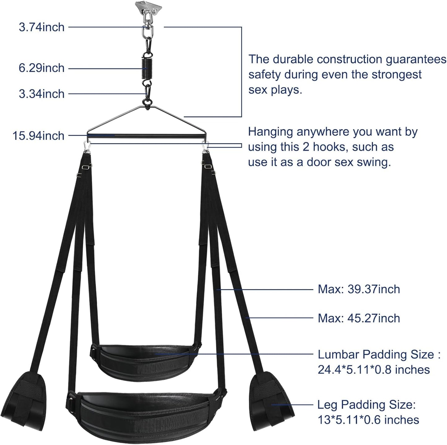 BDSM Sex Swing for Couple, Heavy Duty 360 Degree Spinning Indoor Ceiling Swing with Triangle Hanging Apparatus and Adjustable Slings Soft Pads, Adult Sex Toys Sex Furniture, Holds up to 800 Lbs