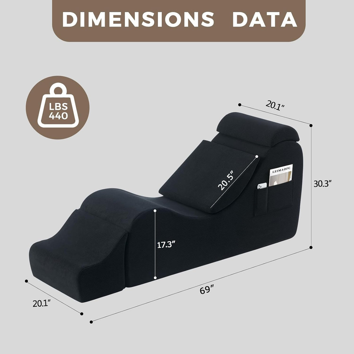 MidnightCurve Black Corduroy Sex Chaise Lounge with Headrest & Footrest