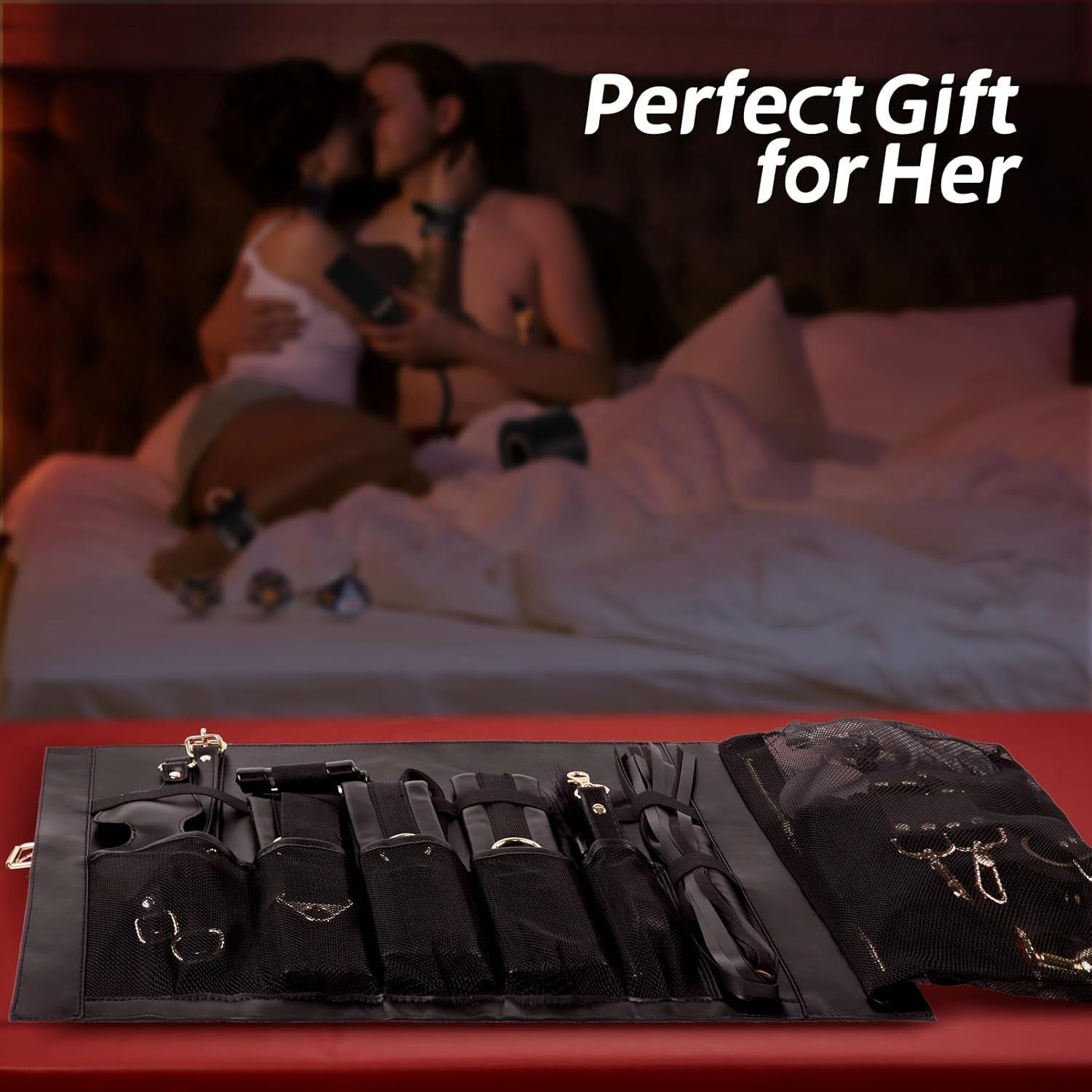 Sex Bondage Restraints Kit BDSM - 21PCS Leather Handcuffs Ankle Cuffs Furniture Restraint Accessories with Storage Bag Adult Sex Toys for Men Women Couples Foreplay | Black