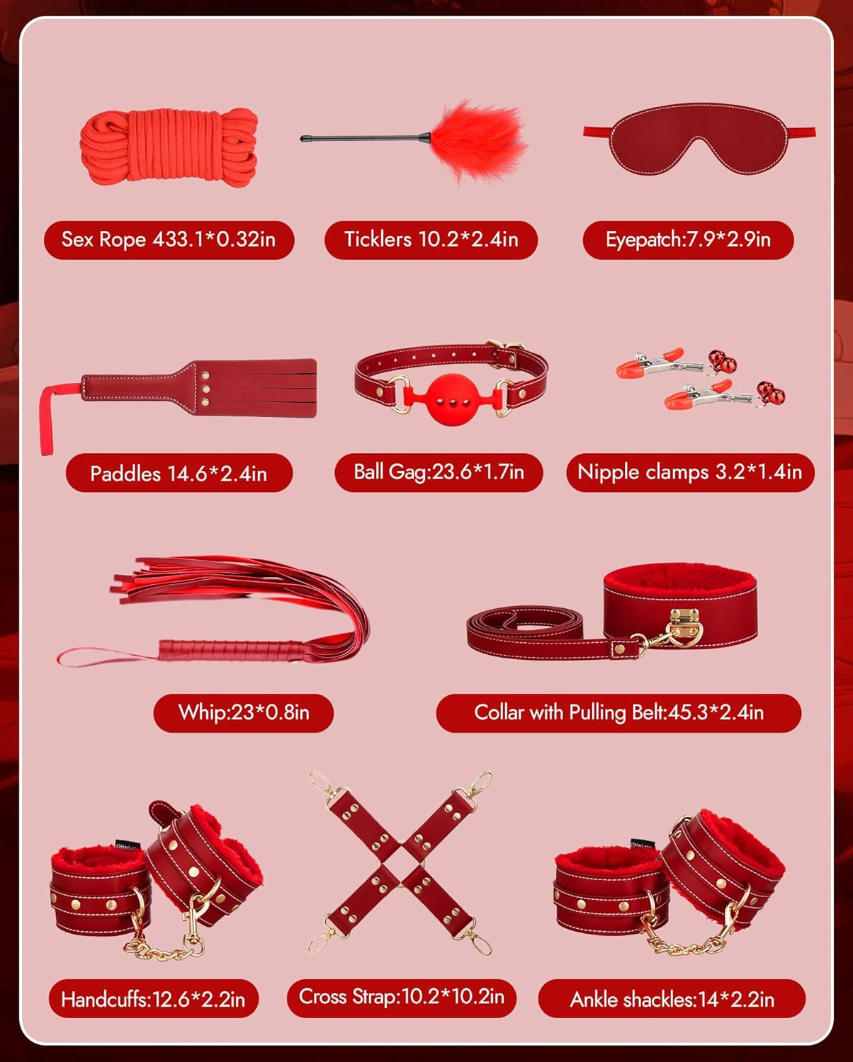 BDSM Bondage Restraint Sex Toys -  11PCS Bondage Set with Leather Handcuffs Ankle Cuffs Rope Anal Plug Nipple Clamps Ball Gag Blindfold, Adult Toys for Couples Foreplay | Red
