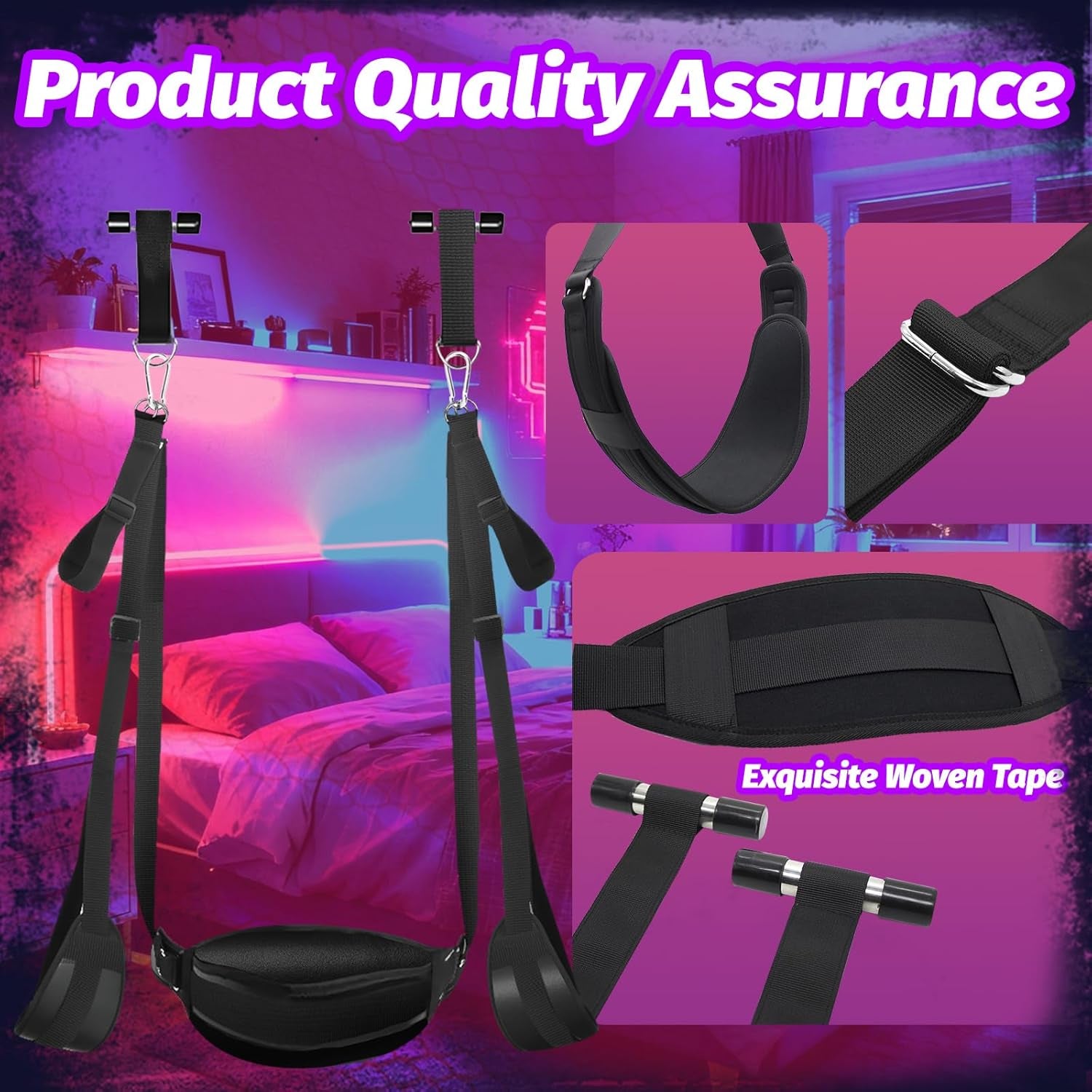 BDSM Door Sex Swing with Restraint Handcuffs, Ankle Cuffs, Adjustable Restraint Straps, and Butt Support, Bondage Sex Toy for Adults or Couples. (Without Pullup Bar)