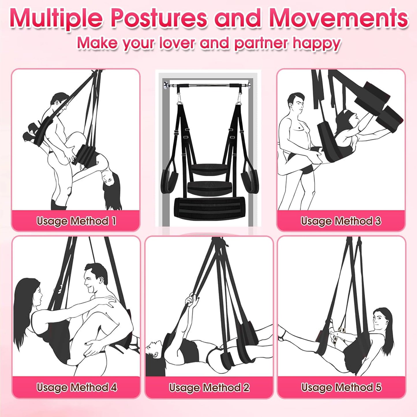 BDSM Sex Swing Sex Toys for Couples Ceiling & Door Sex Swings with Widened Comfortable Seat Adjustable Sex Straps Hardware Buckle, Bondage Sex Furniture for Adult Toys & Game, Holds up to 500 Lbs