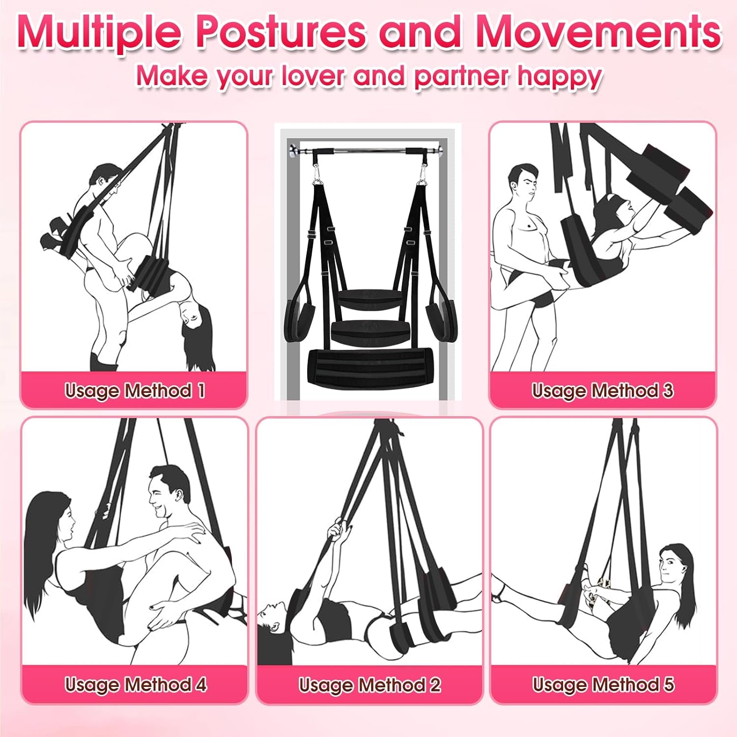 BDSM Sex Swing Sex Toys for Couples Ceiling & Door Sex Swings with Widened Comfortable Seat Adjustable Sex Straps Hardware Buckle, Bondage Sex Furniture for Adult Toys & Game, Holds up to 500 Lbs