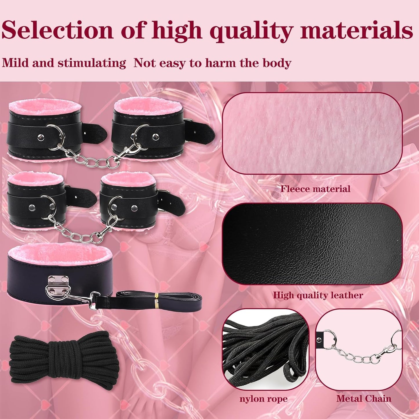 BDSM Bondage Kit Sex Toys 8 Pcs Sex Bondage Set for Beginners Ball Gag Bondage Rope BDSM Kit for Couples (Pink, 8PCS)