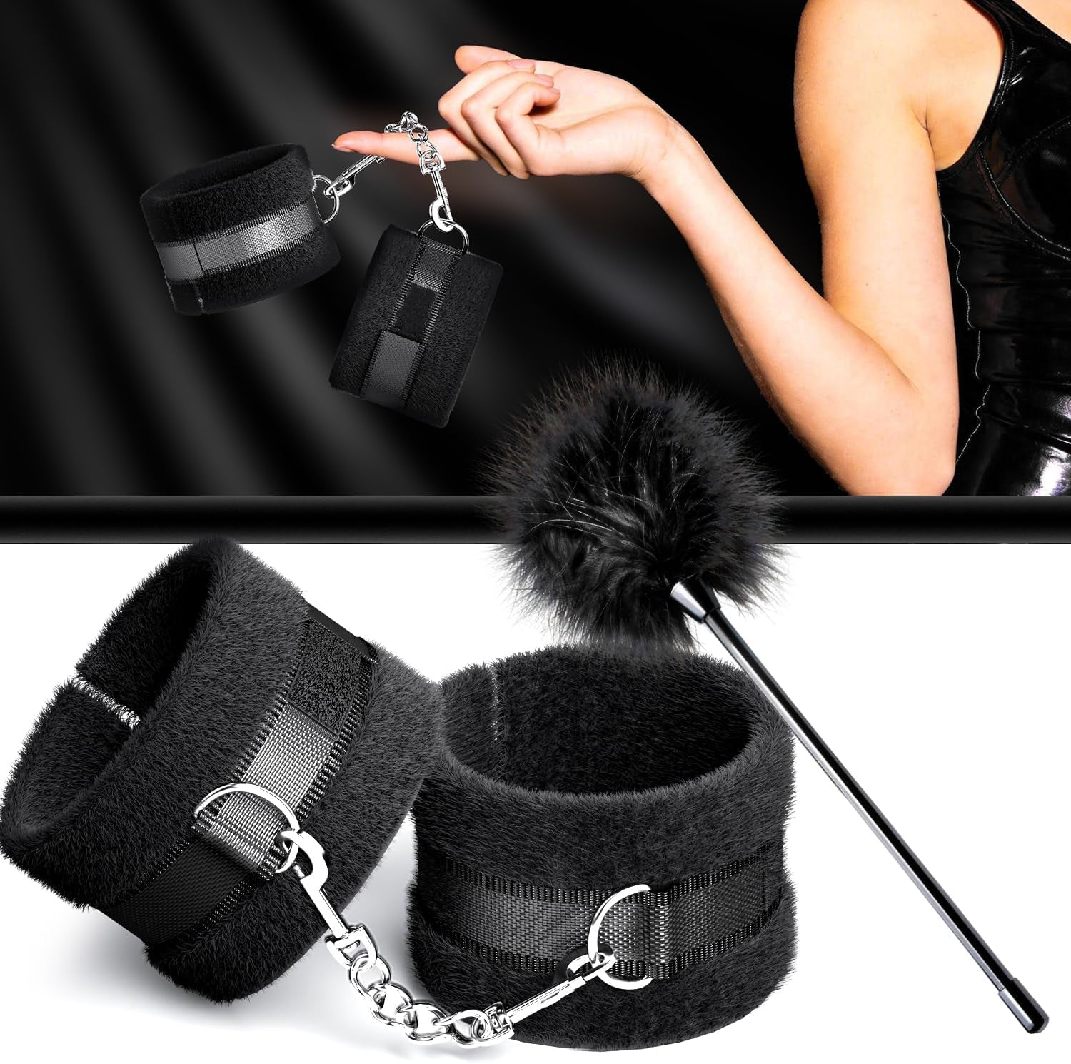 SlateBind BDSM Handcuff & Feather Tickler Set | Soft Sex Restraints