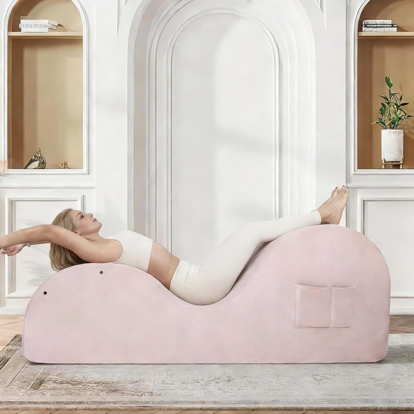 Chaise Lounge Chair for Yoga, Chaise Lounge with Headrest, Waist Pad, Foot Pad, Washable Cover Side Pockets Non-Slip Bottom, Yoga Chair for Relaxation Stretching (Pink, Large)