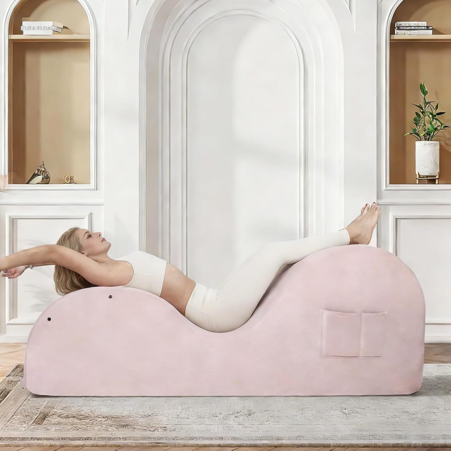 Chaise Lounge Chair for Yoga, Chaise Lounge with Headrest, Waist Pad, Foot Pad, Washable Cover Side Pockets Non-Slip Bottom, Yoga Chair for Relaxation Stretching (Pink, Large)
