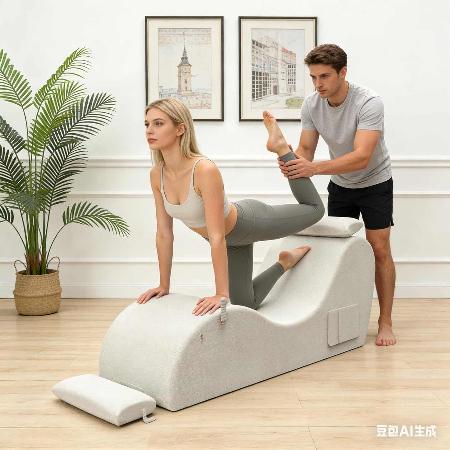 Chaise Lounge Chair for Yoga, Chaise Lounge with Headrest, Foot Pad, Washable Cover, Side Pockets, Non-Slip Bottom, Chair for Relaxation Stretching (Beige)