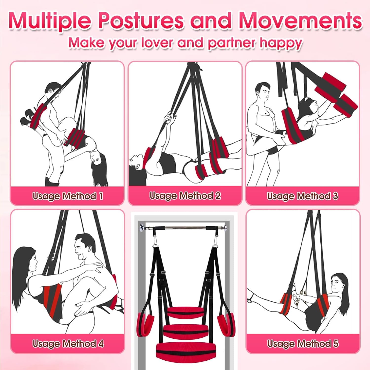 Sex Swing BDSM Sex Toys Sex Swings with Hanging Door Straps Widened Comfortable Swing Cushion Adjustable Hardware Buckles, Kinky Adult Sex Toys Sex Furniture for Men Women Couples Red