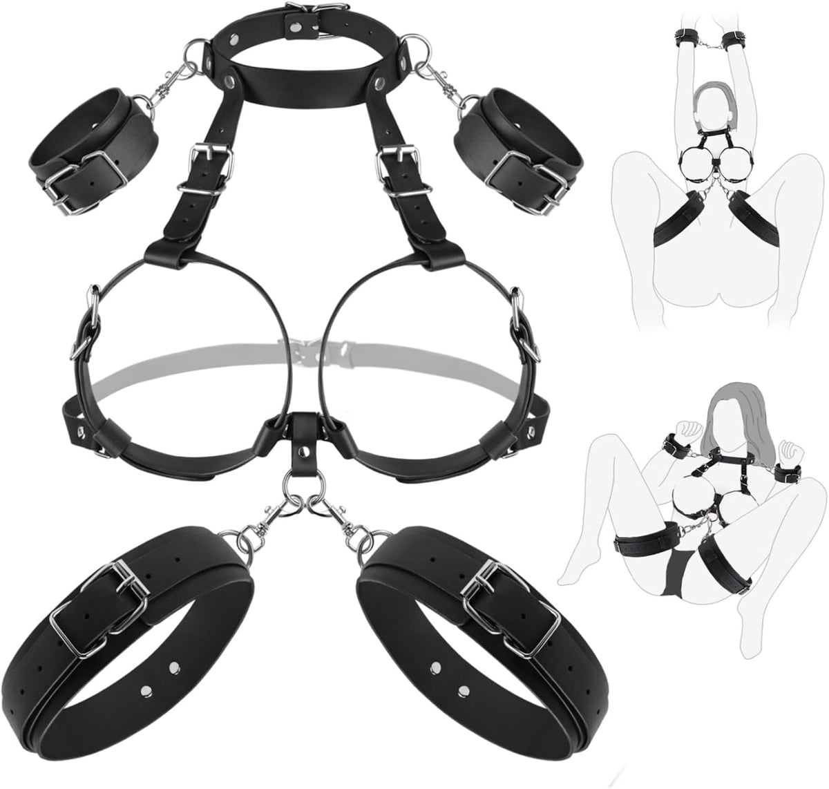 DarkCorset Adjustable BDSM Chest Harness with Wrist and Thigh Cuffs
