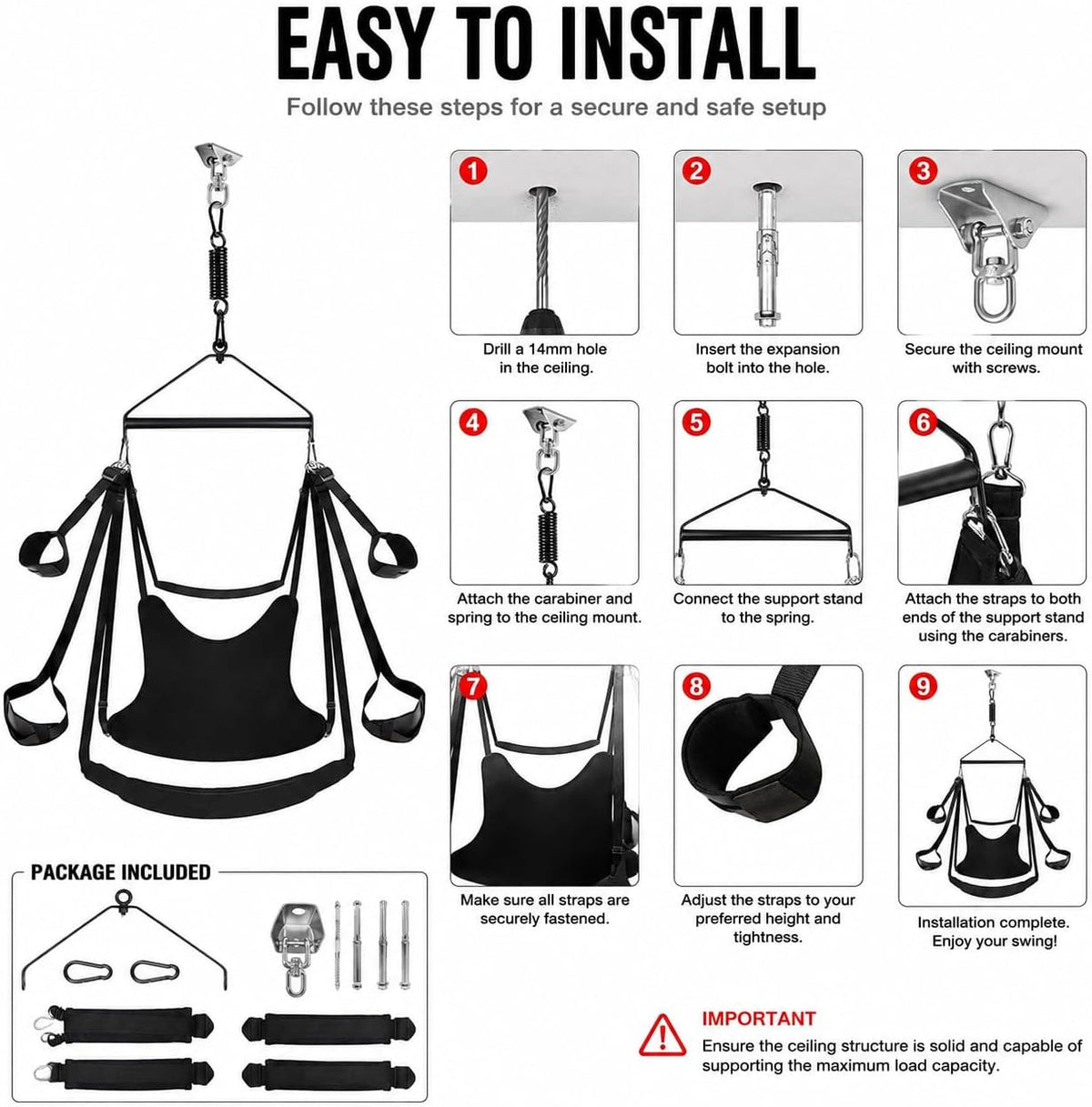 NightOrbit 360° Swivel Ceiling-Mounted Sex Swing with Neck Support