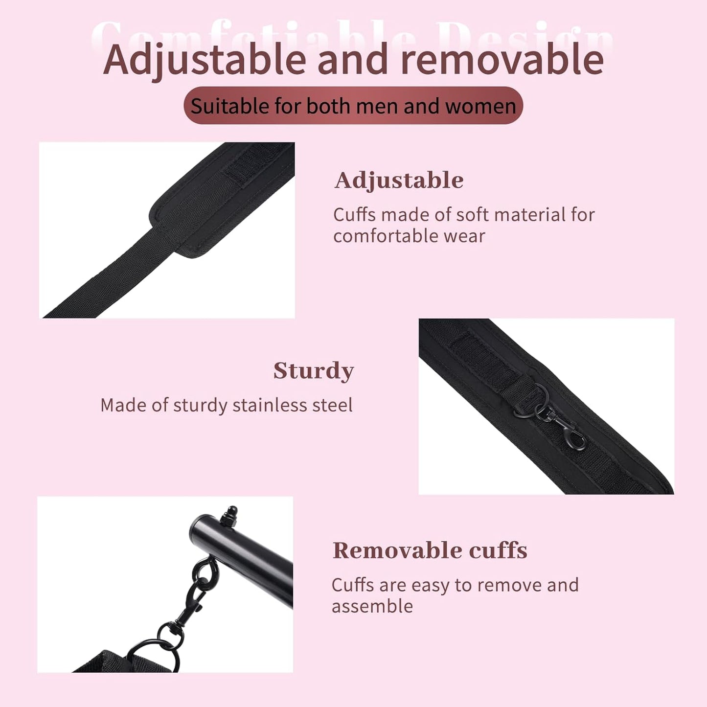 Spreader Bar Sex Toys with Wrist and Ankle Collar Restraint Set Adjustable Handcuffs Collar Restraint Set for Adult Couples BDSM (Black)