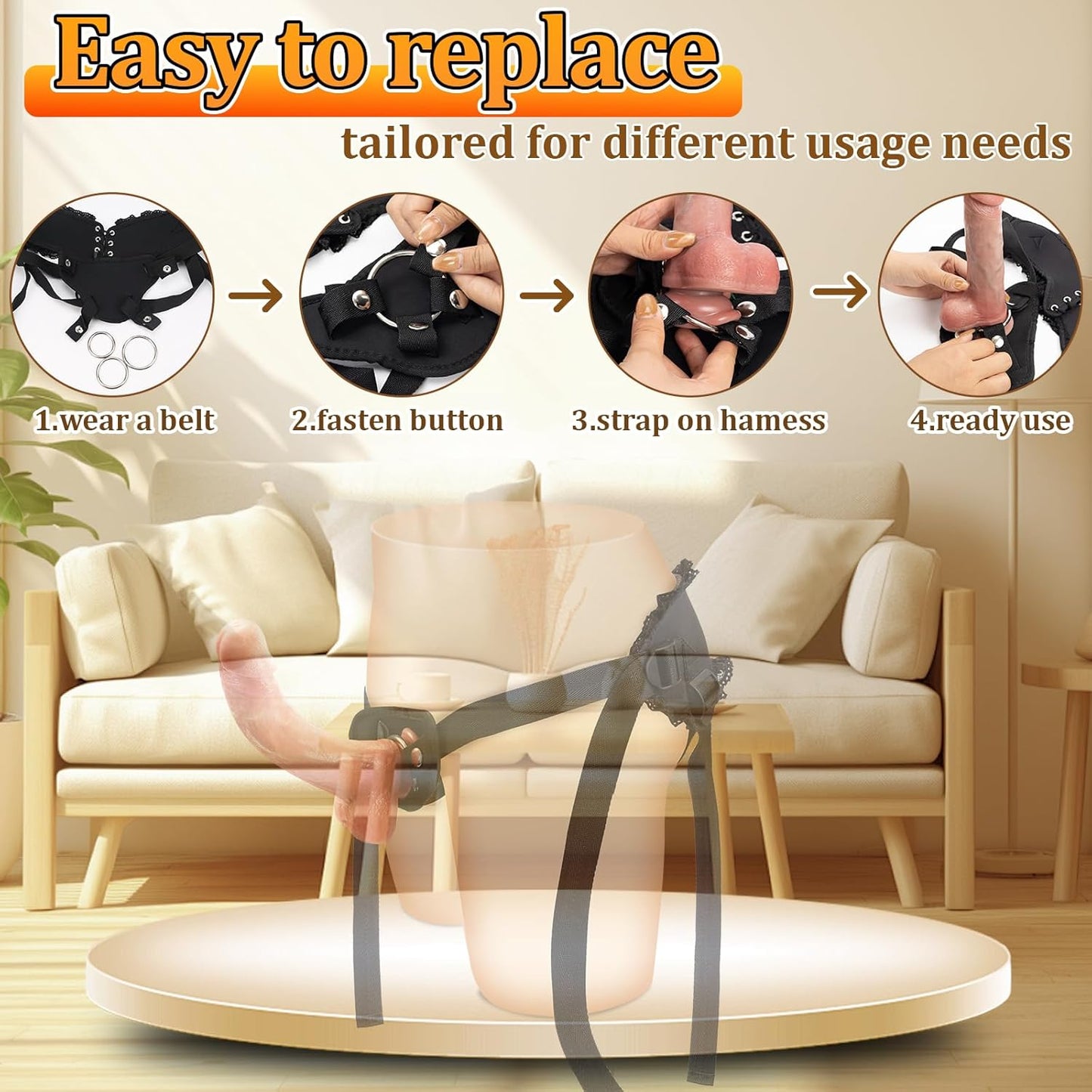 LaceLuxe Realistic Strap-On Kit | 8.4" Silicone Dildo, 3 O-Rings