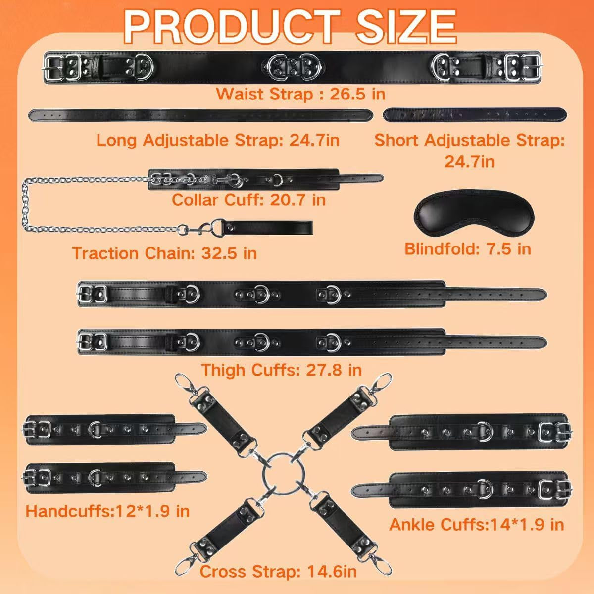 Sex Bondage Restraints BDSM Kit 9 PCS Handcuffs Ankle Collar Cuffs Thigh Cuff Blindfold Waist Strap Cross Strap Traction Chain Sex Toys Adjustable for Couple Men and Women