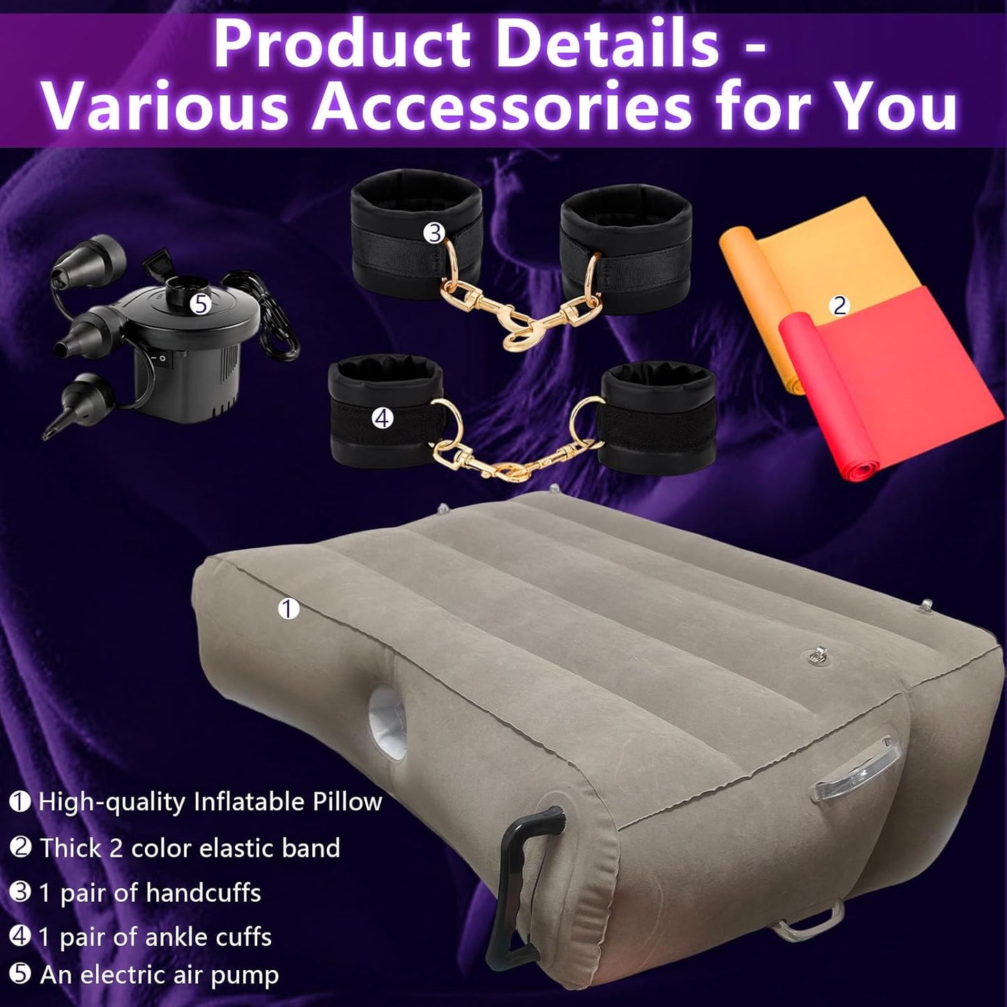 Inflatable Sex Pillow with Dildo Mount, Sex Position Pillow with BDSM Kit - Multifunctional Cushion for Couples | 4 Cuffs & 2 Elastic Bands, Novelty Sextoy Portable Sex Furniture for Indoor&Outdoor