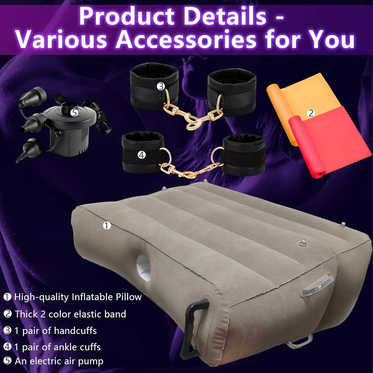 Inflatable Sex Pillow with Dildo Mount, Sex Position Pillow with BDSM Kit - Multifunctional Cushion for Couples | 4 Cuffs & 2 Elastic Bands, Novelty Sextoy Portable Sex Furniture for Indoor&Outdoor