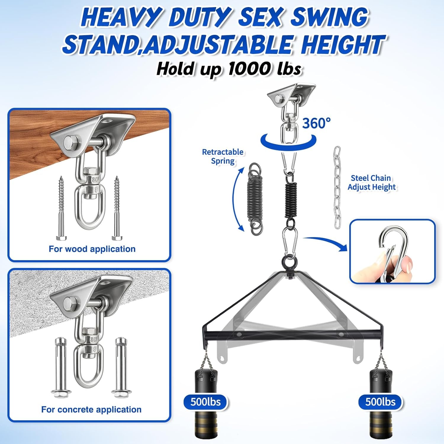 360 Degree Spinning Ceiling Sex Swing BDSM Toys Sex Swings with Premium Paint Stand Widened Comfortable Cushion Adjustable Straps Hardware Buckle, BDSM Bondage Swing Set for Couples Adults