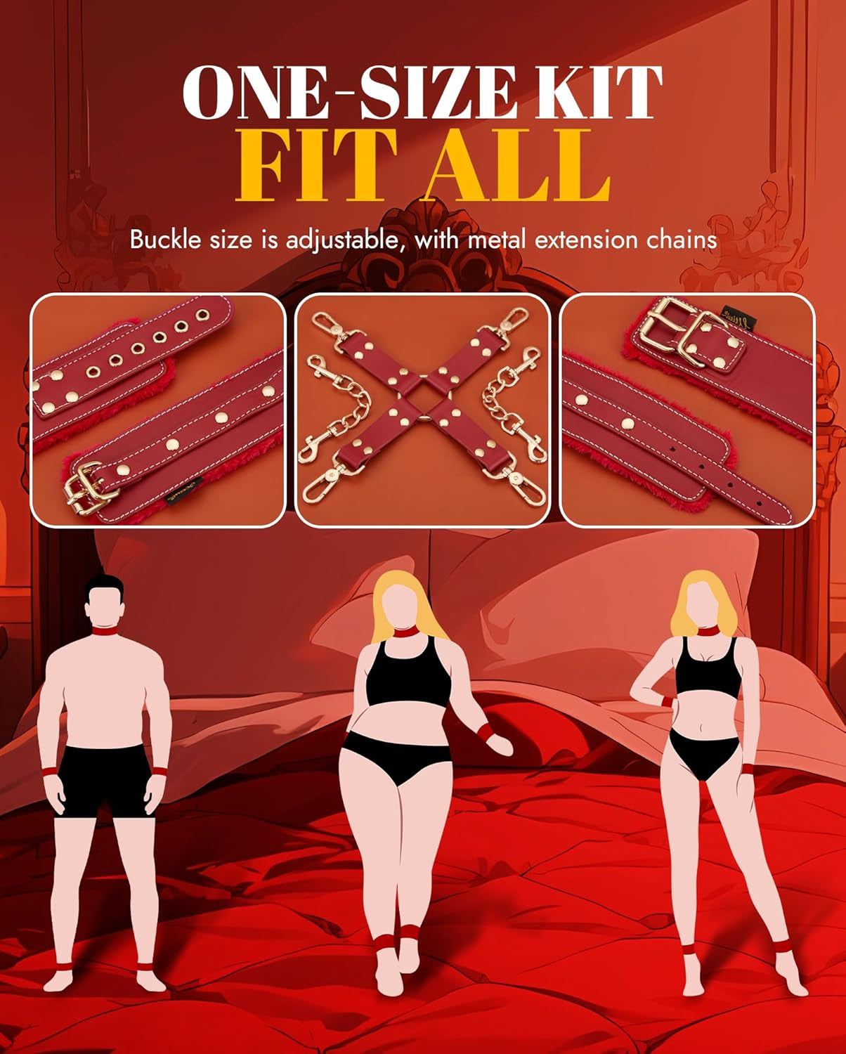 BDSM Bondage Restraint Sex Toys -  11PCS Bondage Set with Leather Handcuffs Ankle Cuffs Rope Anal Plug Nipple Clamps Ball Gag Blindfold, Adult Toys for Couples Foreplay | Red