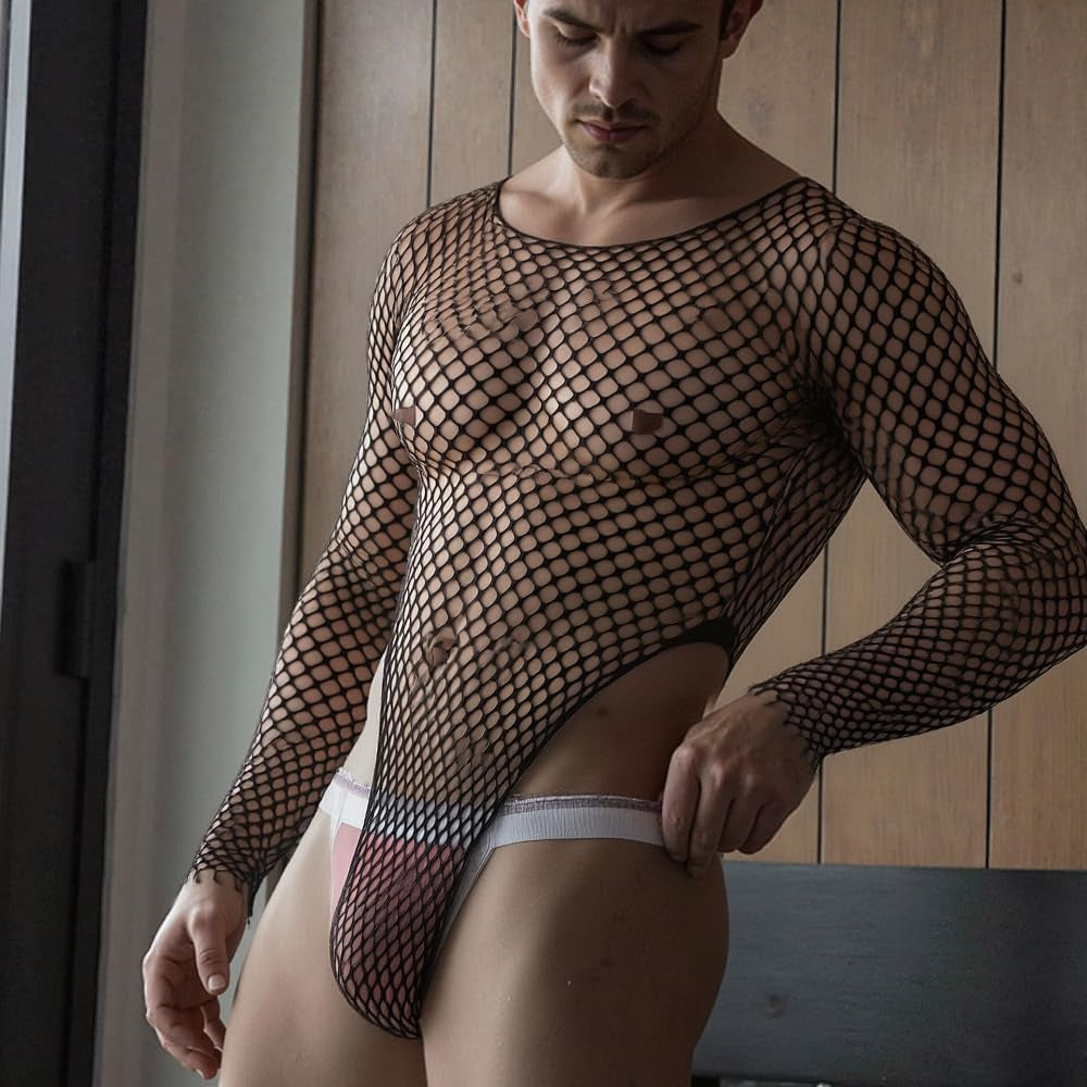 NightPelt Men's SM Play Leopard Sheer Mesh Bodysuit