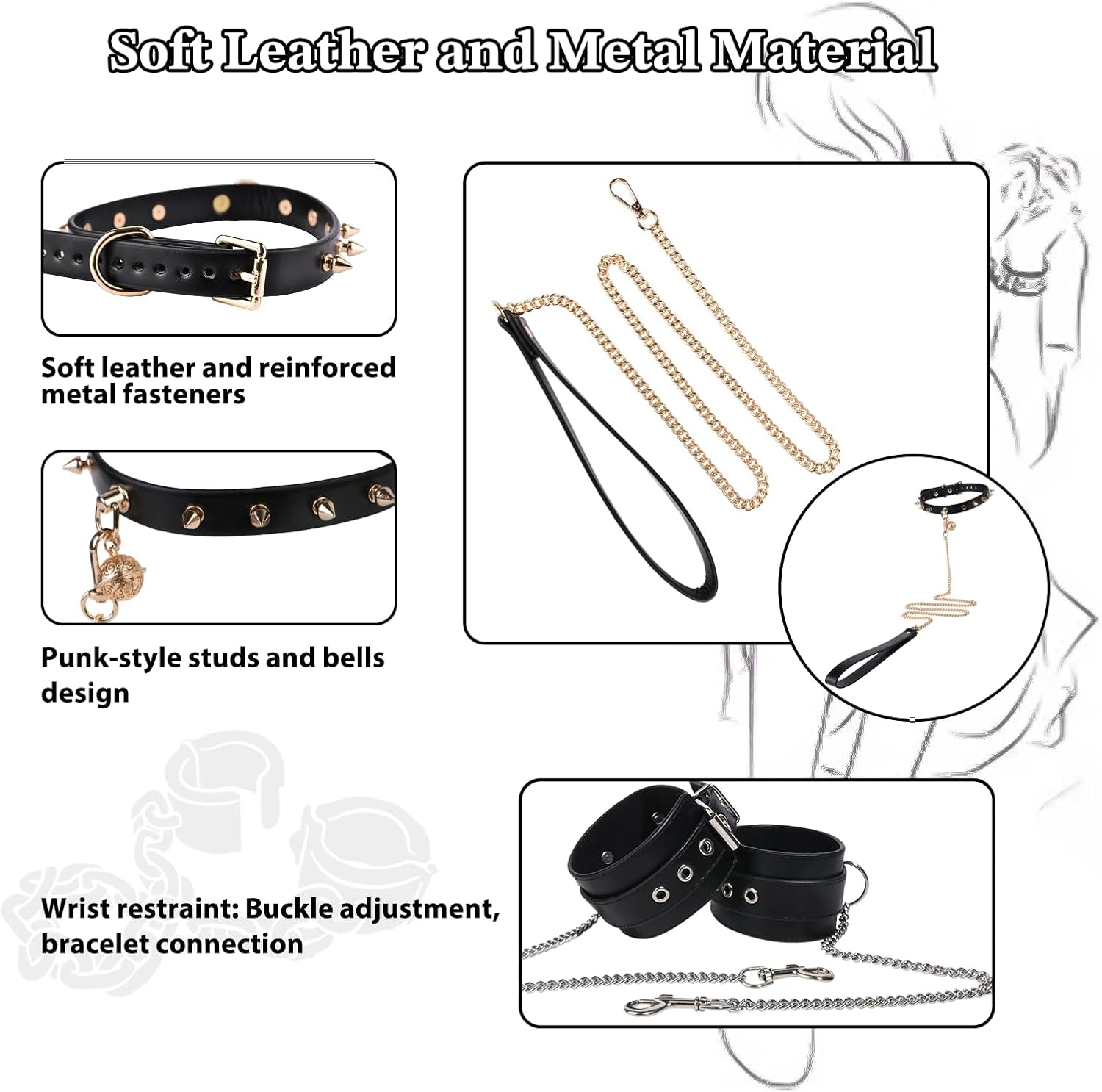 IronSilk BDSM Steel Chain Harness, Collar & Cuffs