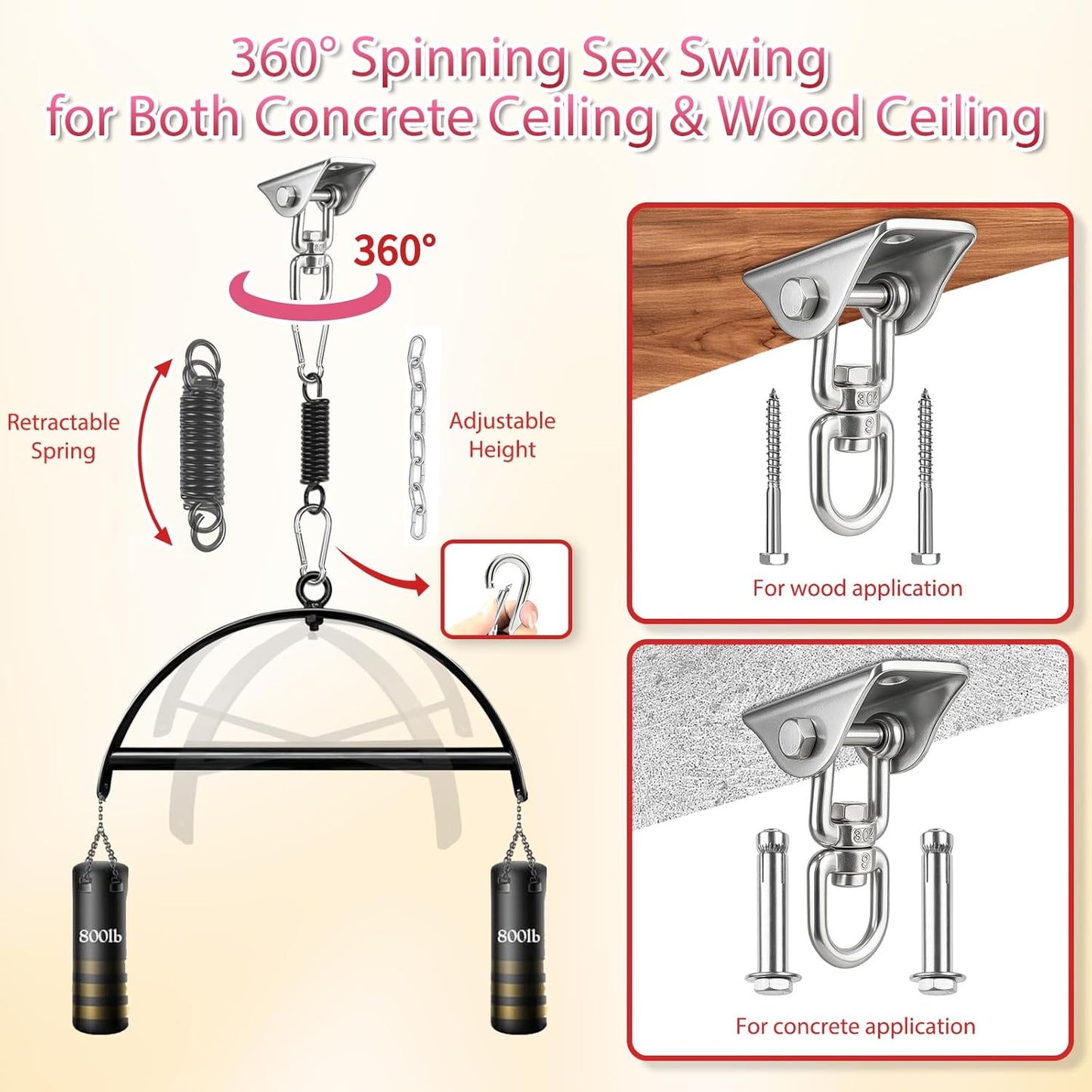 BDSM Sex Swing - Couples Sex Toys Ceiling Sex Swings with Premium Paint Stand and Widened Thick Comfortable Swing Pad Adjustable Sling, 360 Degree Spinning Bondage Swing Set Holds up to 800 Lbs