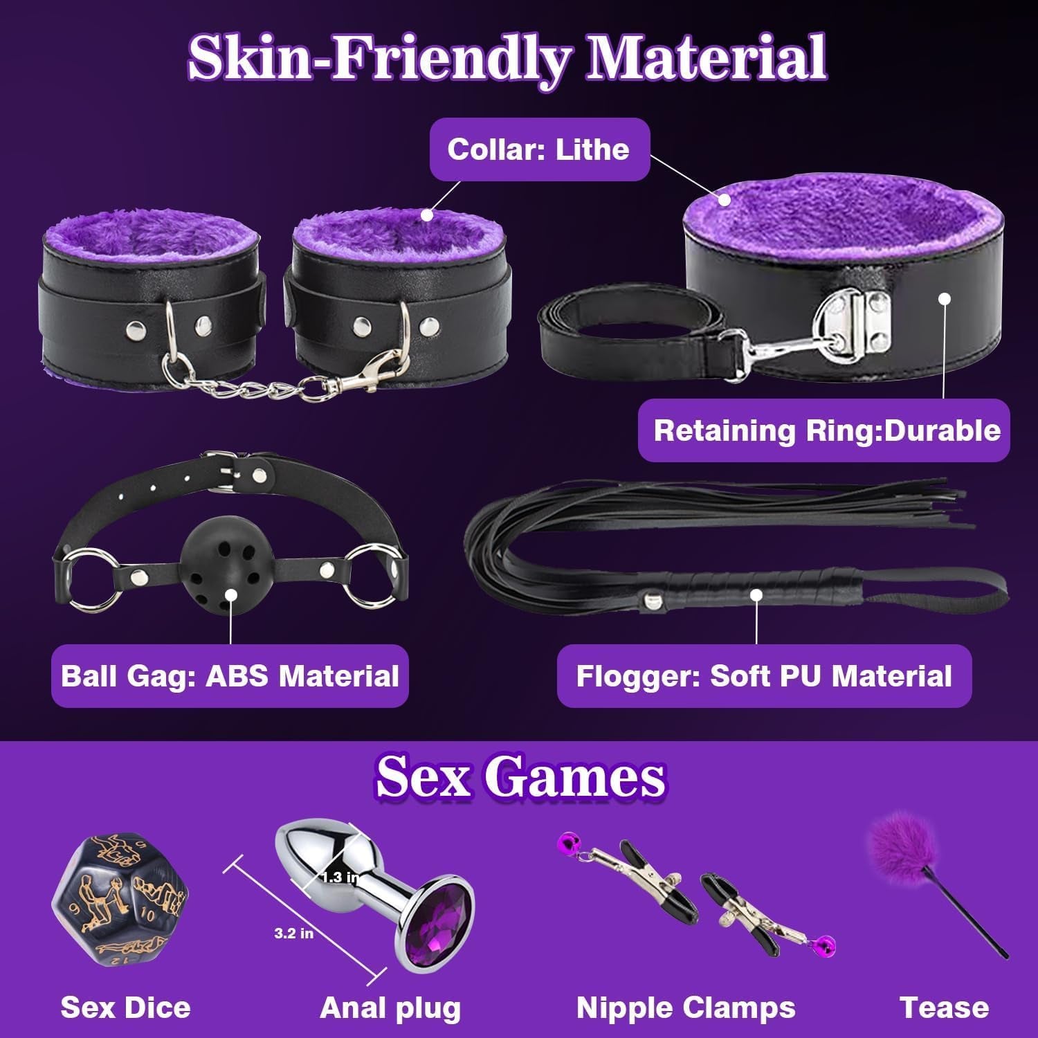 BDSM Sex Bondage Kit Restraints - 12PCS Sets with Adjustable Handcuffs Collar Ankle Cuff Blindfold Feather Tickler Anal Plug Adult Games Sex Toys for Men Women Couples Purple