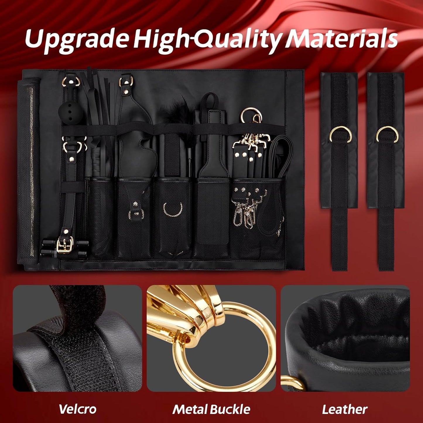 Sex Bondage Restraints Kit BDSM - 21PCS Leather Handcuffs Ankle Cuffs Furniture Restraint Accessories with Storage Bag Adult Sex Toys for Men Women Couples Foreplay | Black