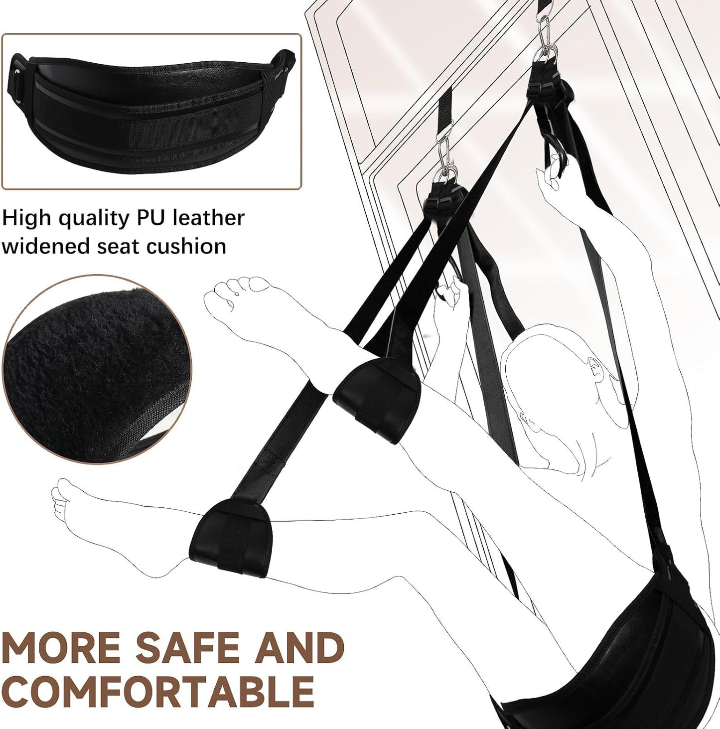 BDSM Door Sex Swings with Seat, Bondage Slave Leather Soft Plush Sex Slings with Adjustable Straps, Hanging Door Handcuffs Leg Restraints Spreader Kinky Adult Sex Toys for Couple, Holds up to 300Lbs