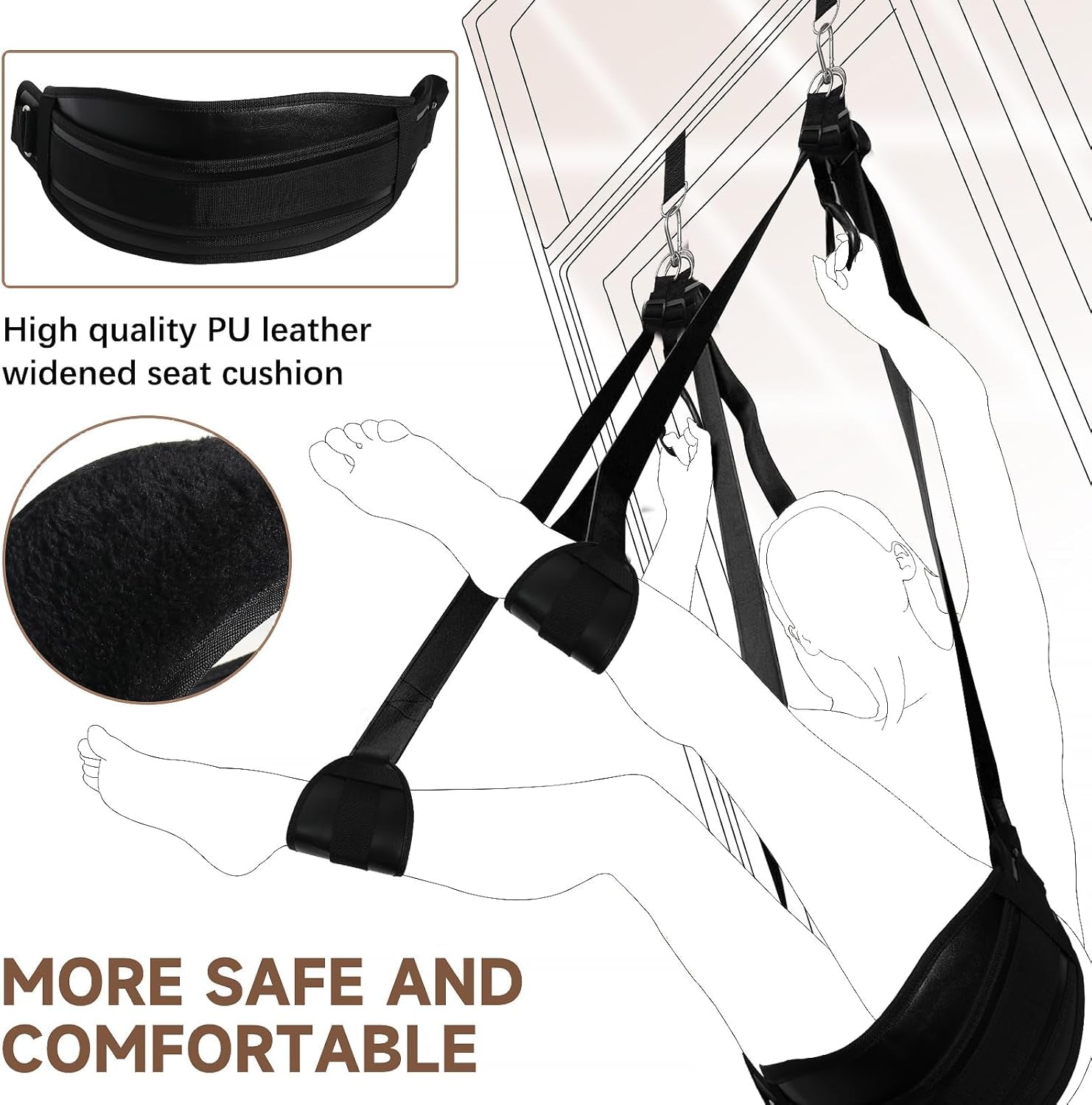 BDSM Door Sex Swings with Seat, Bondage Slave Leather Soft Plush Sex Slings with Adjustable Straps, Hanging Door Handcuffs Leg Restraints Spreader Kinky Adult Sex Toys for Couple, Holds up to 300Lbs