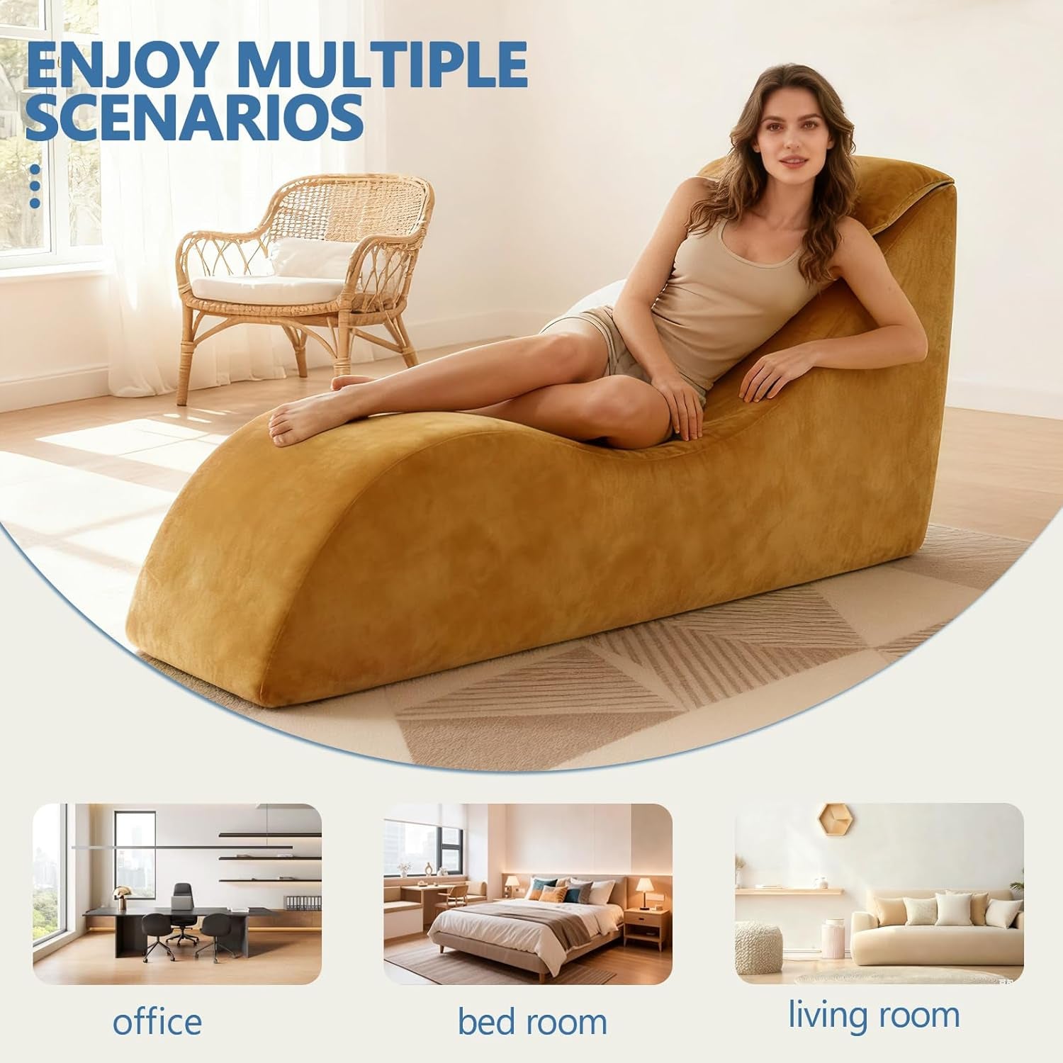 Yoga Chair Lounge for Adult, Yoga Lounge Chair，Ergonomic Chaise Lounge Chair,Chaise Lounge Indoor， Head Pillow，Perfect for Stretching, Massage, and Relaxation, Used in Living Room, Bedroom（Yellow）